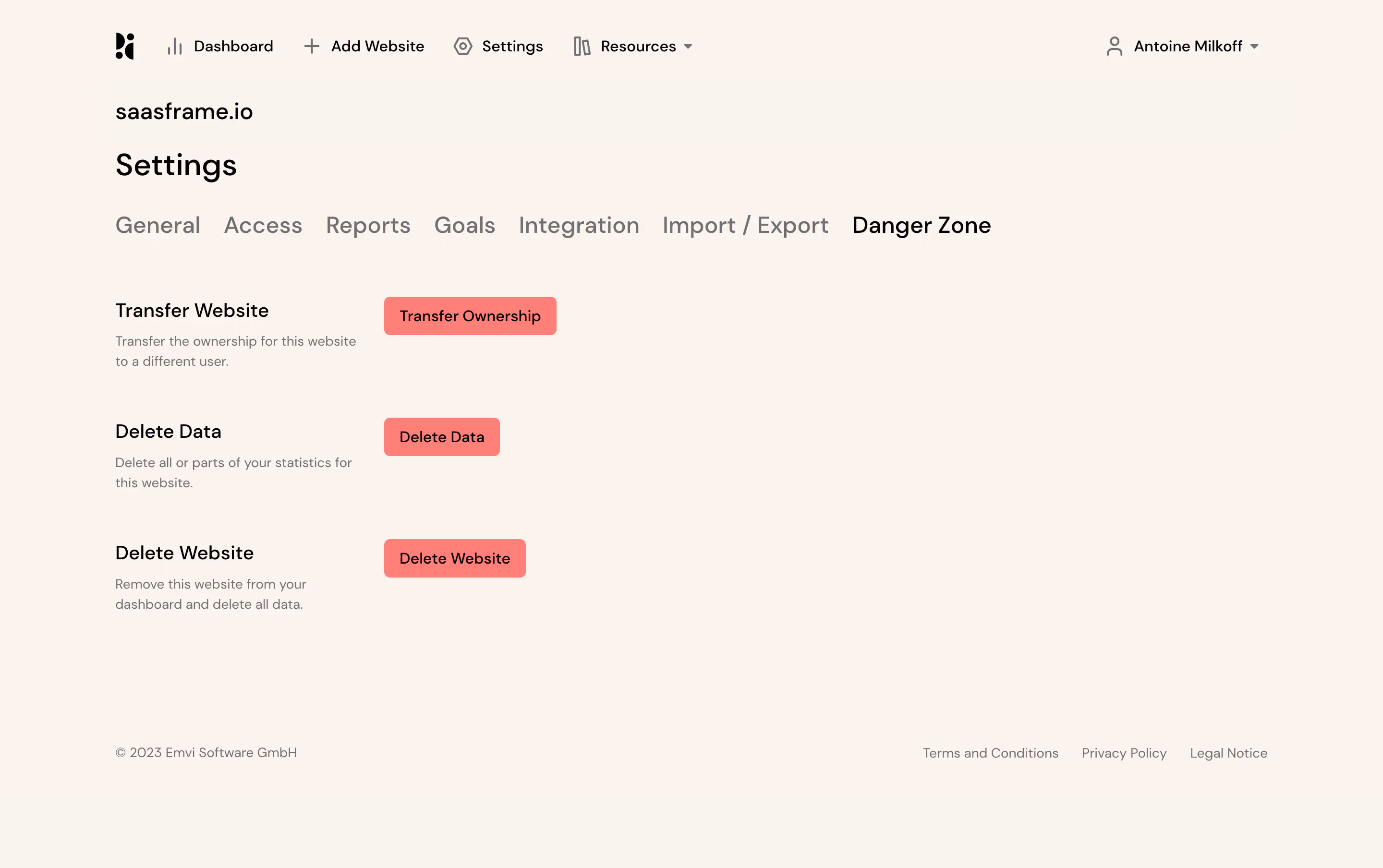 Pirsch Analytics Danger Zone Settings