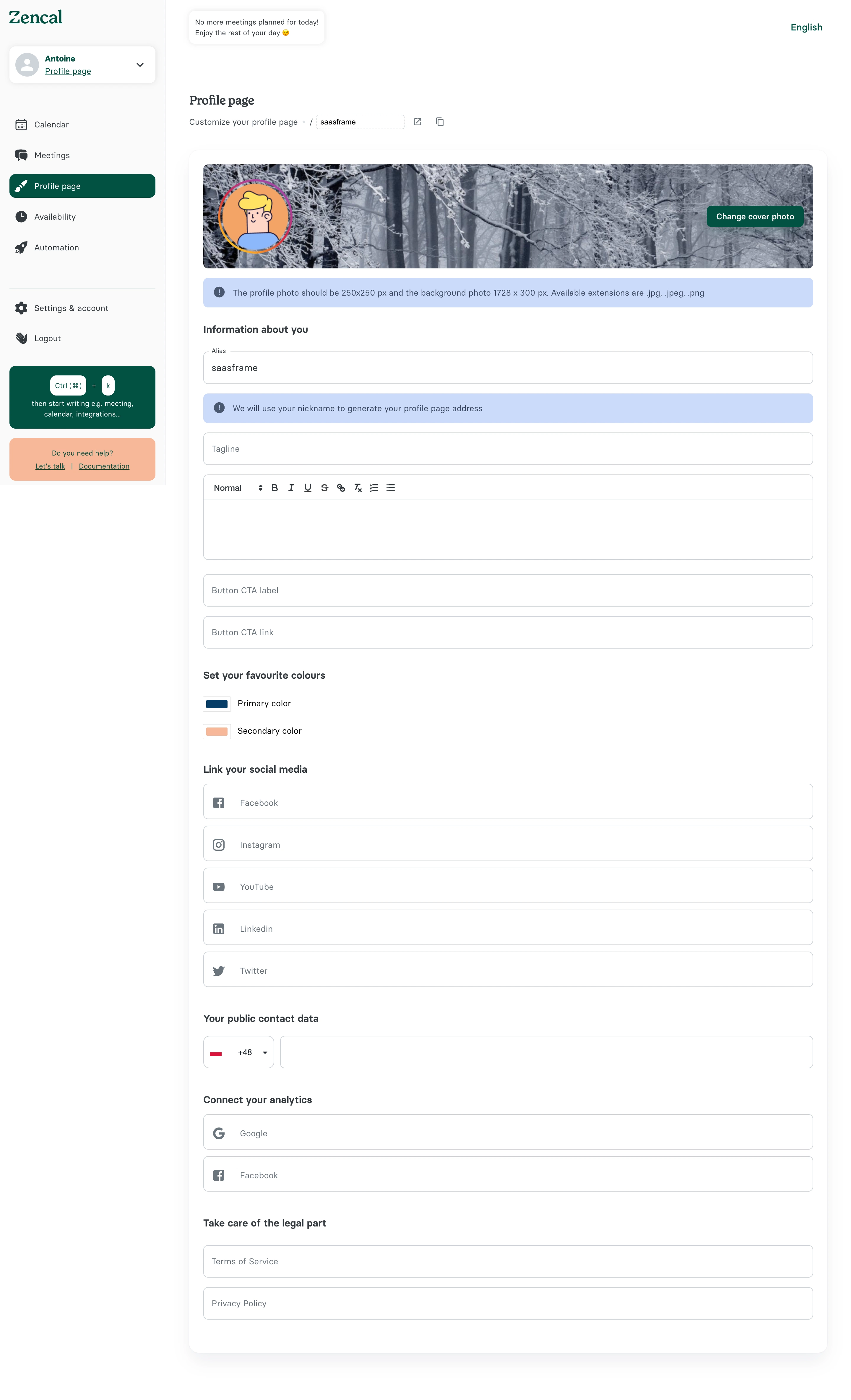 Zencal Profile Settings