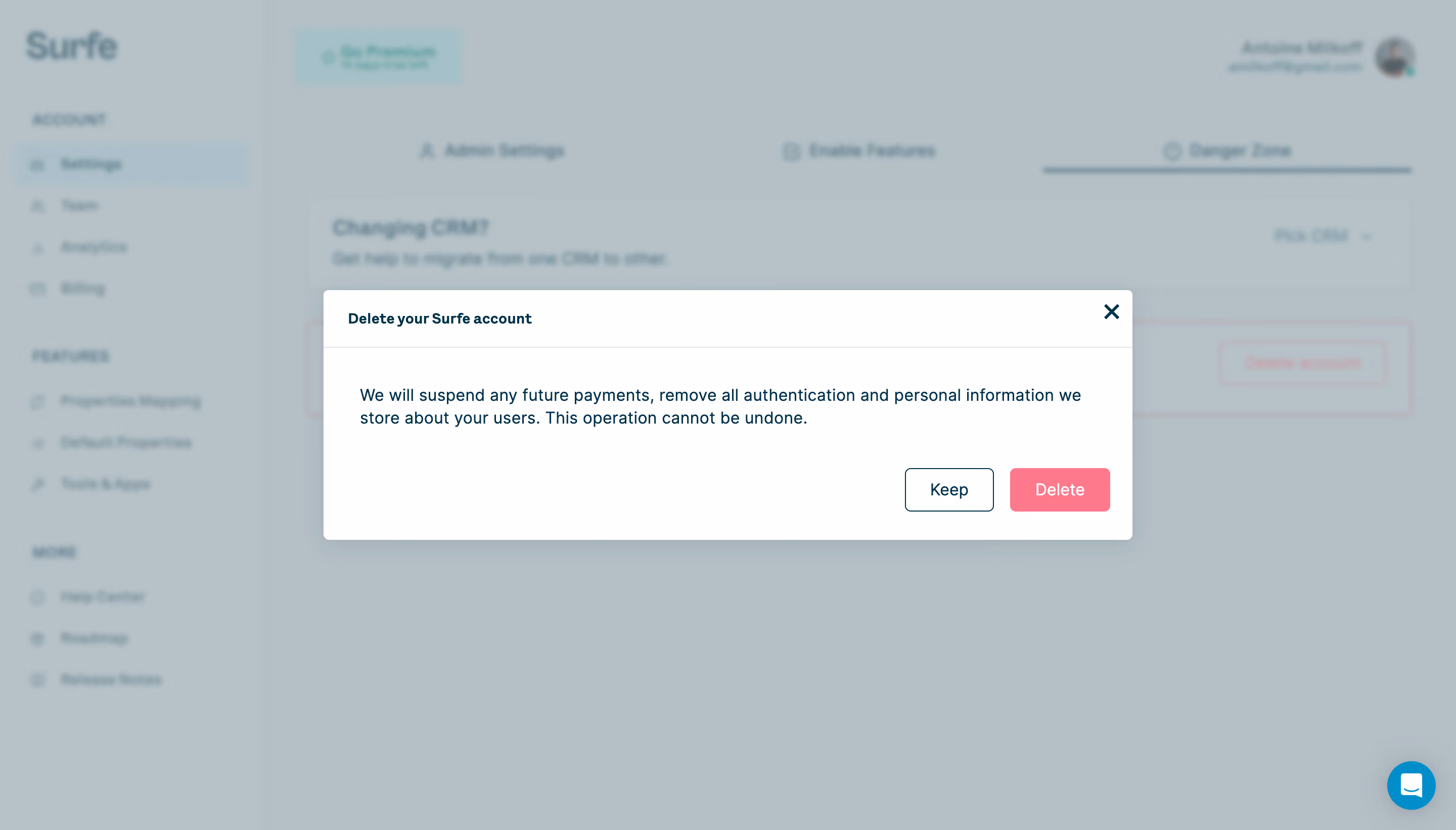 Surfe Delete Account Modal