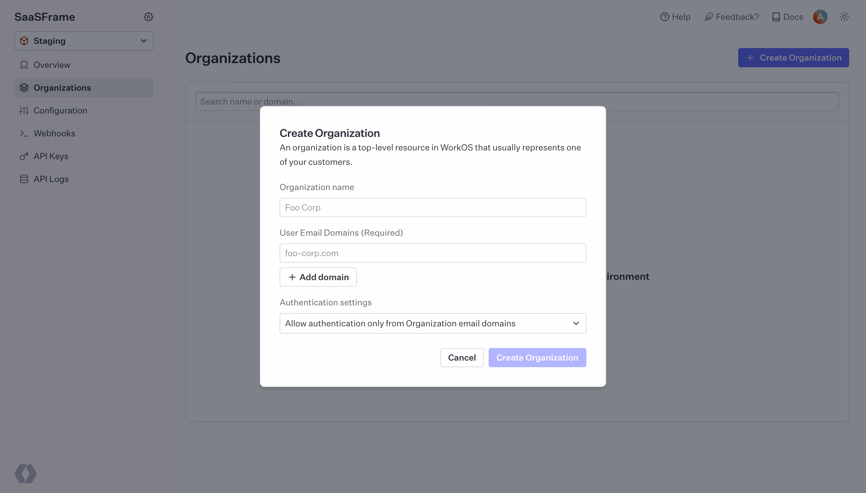 WorkOS Create Organization