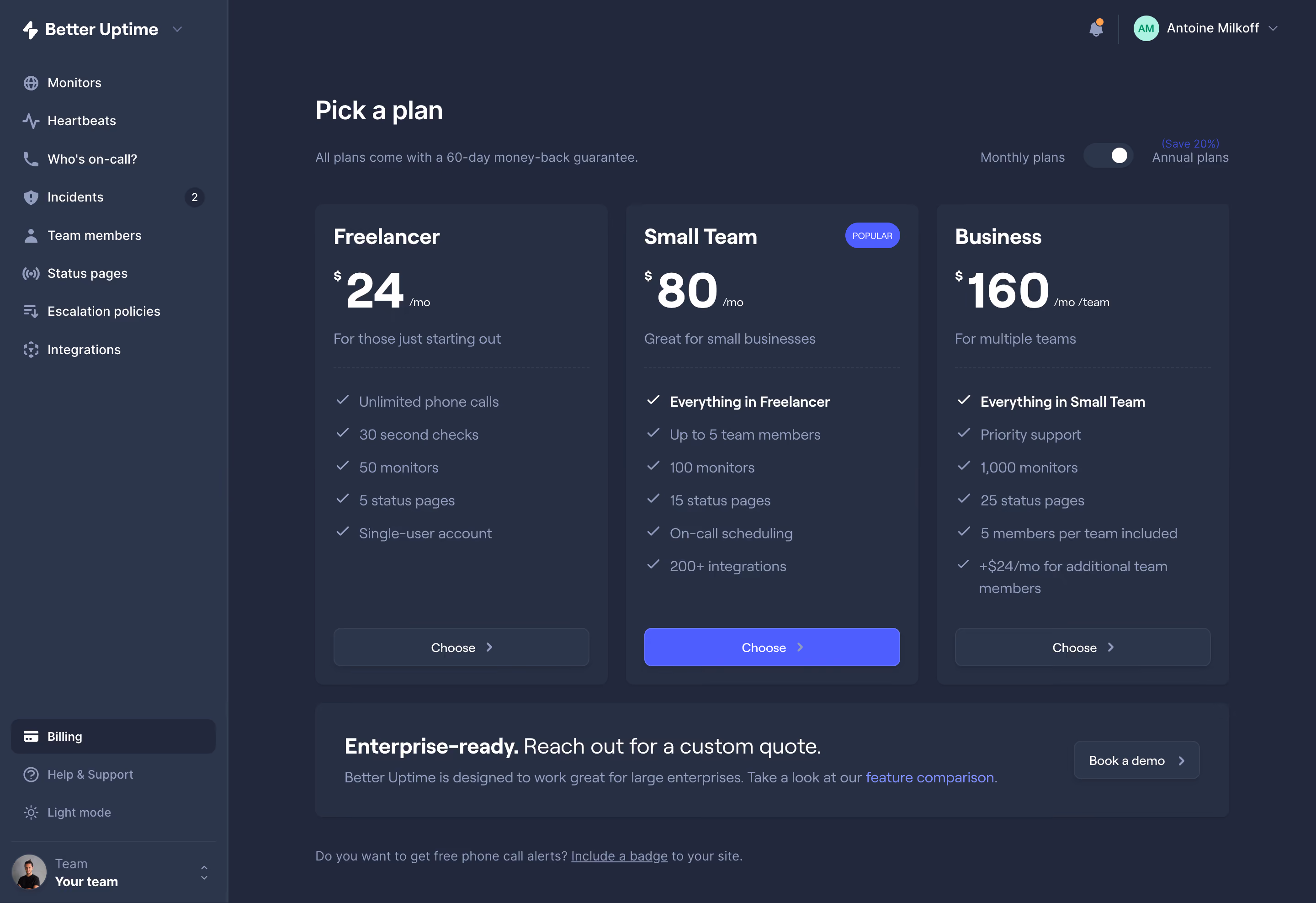 Better Stack etter Uptime Billing Page