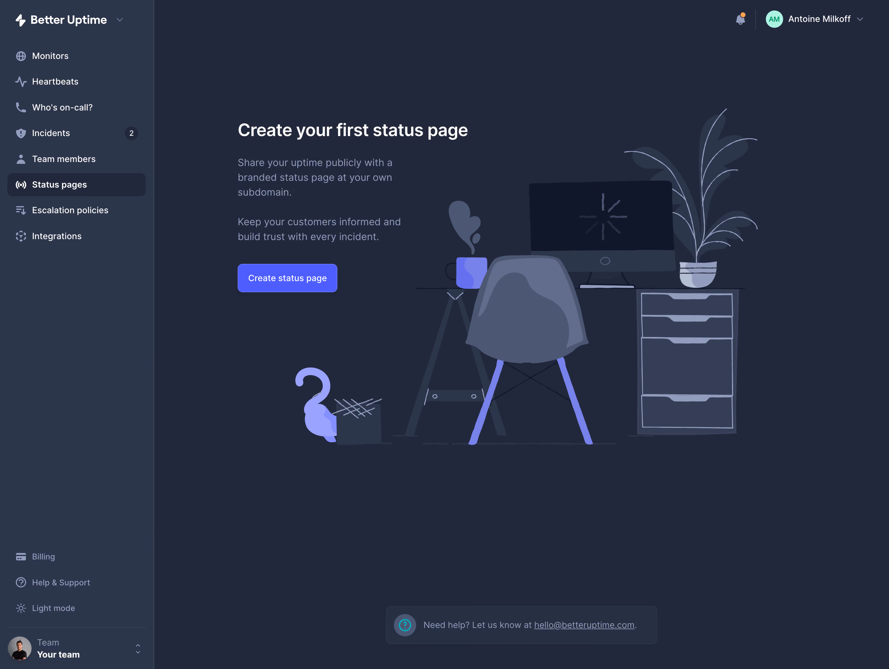 Better Stack etter Uptime Create Status Page