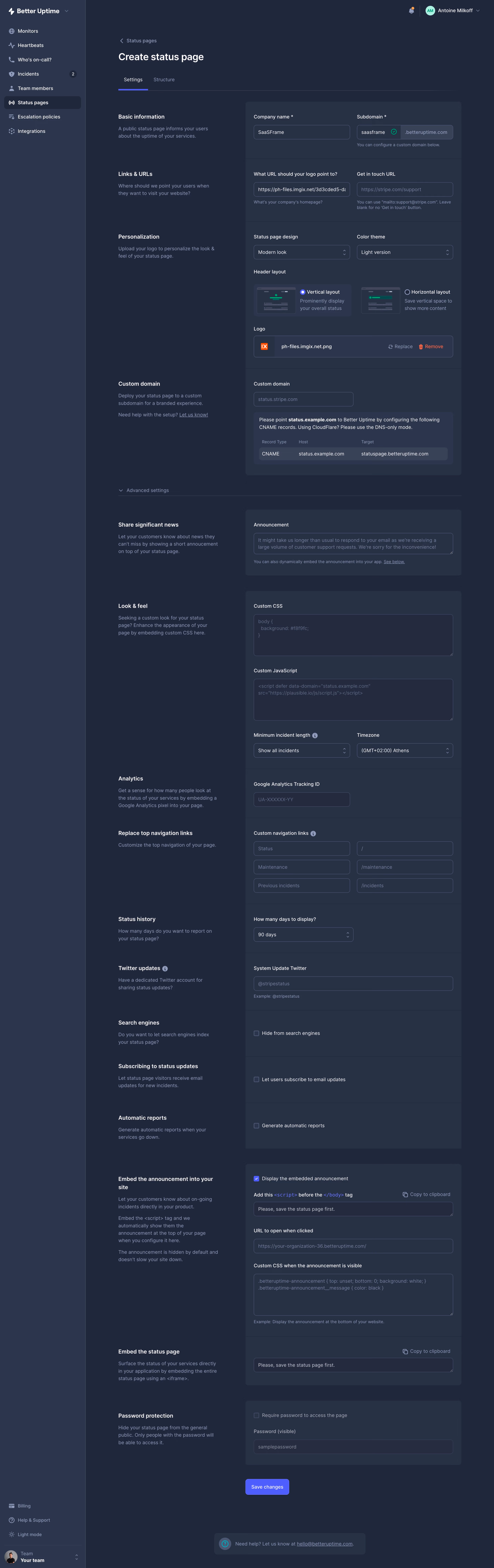 Better Stack etter Uptime Create Status Page