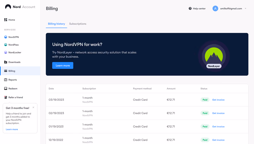 Nord VPN Billing History