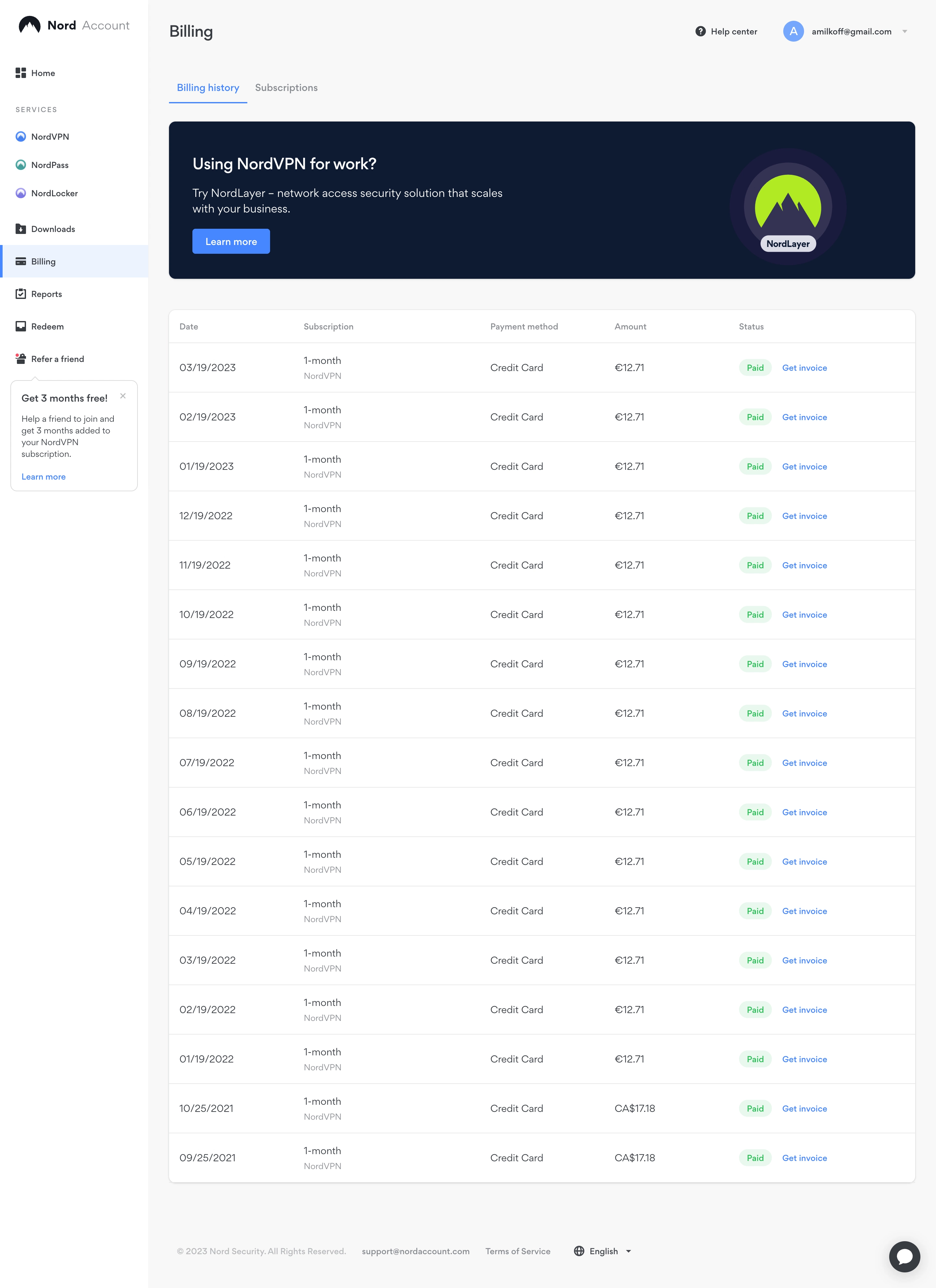 Nord VPN Billing History