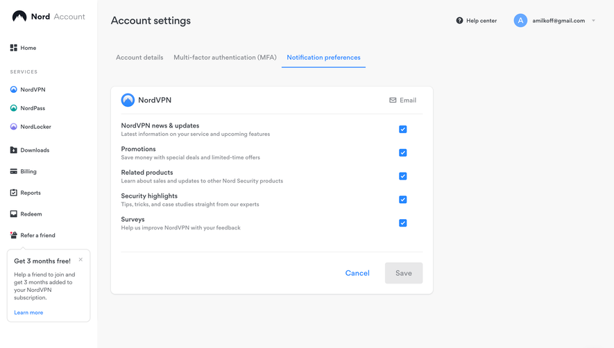 Nord VPN Notification Preferences
