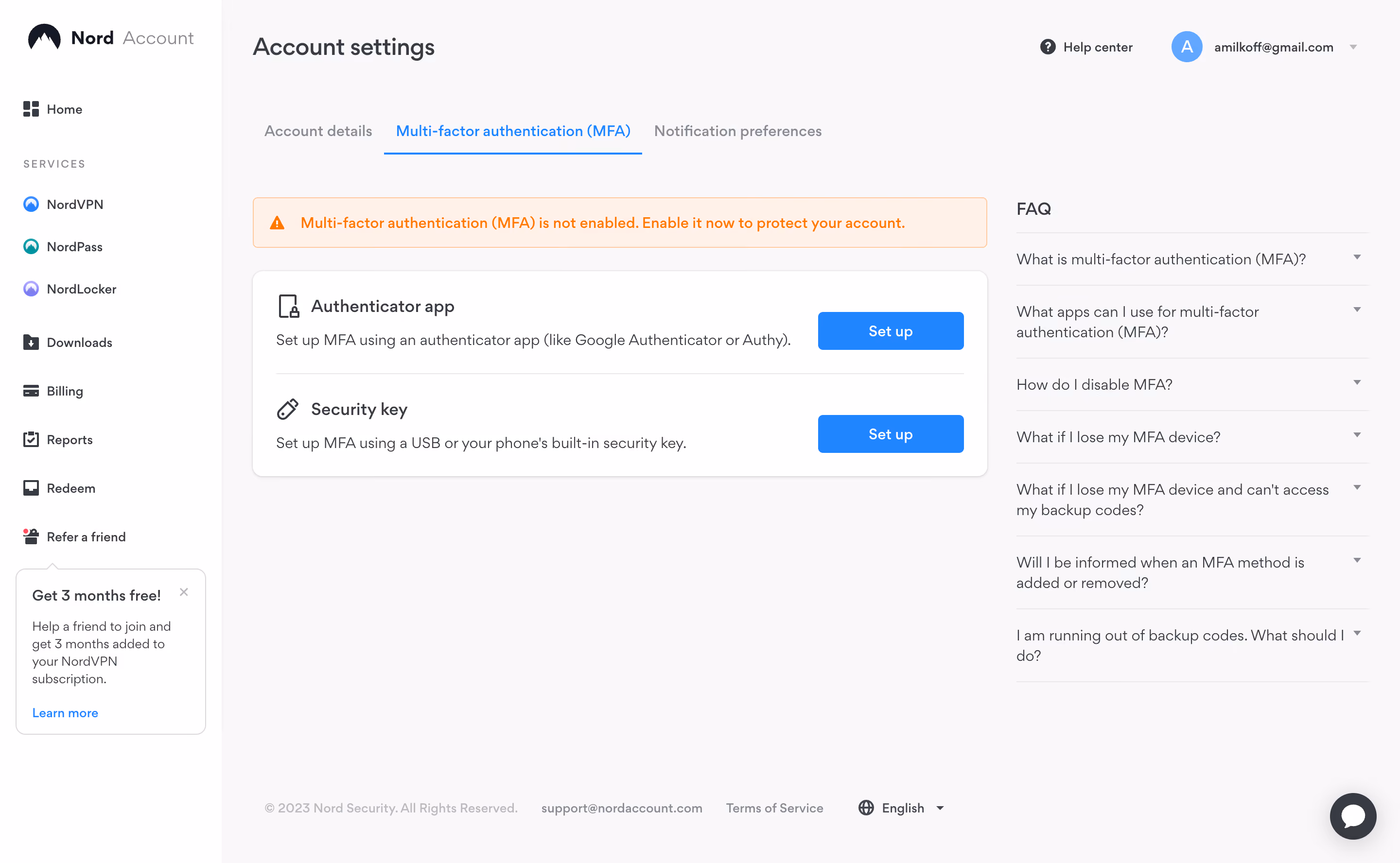 Nord VPN Multi-factor authentication Settings