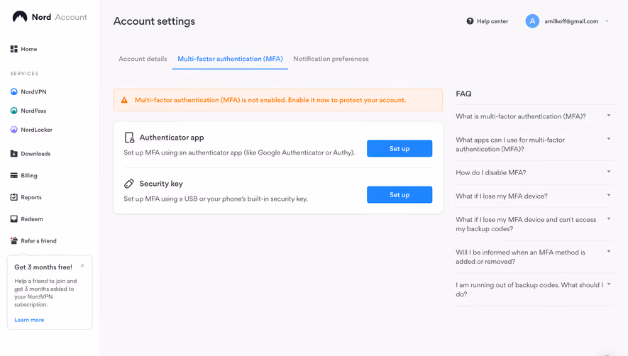 Nord VPN Multi-factor authentication Settings
