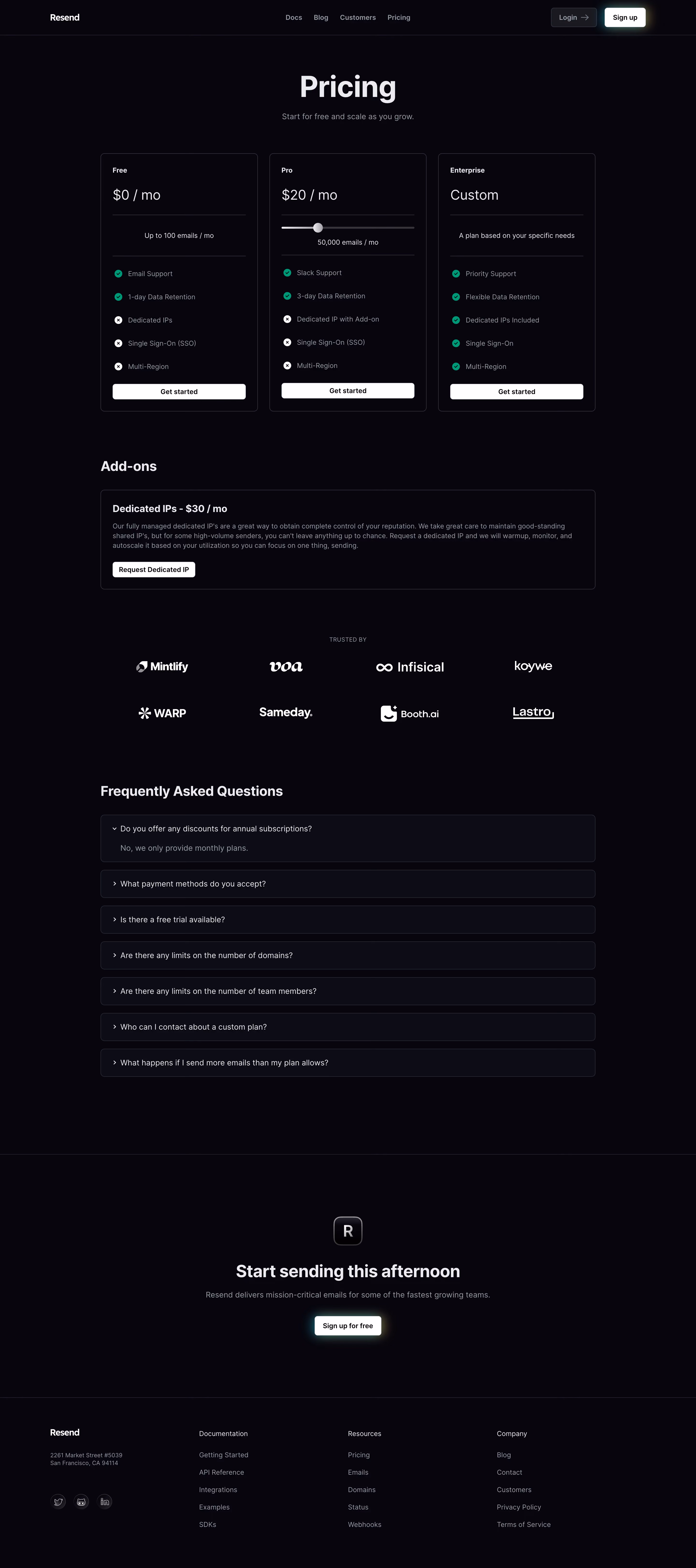Resend Pricing Page