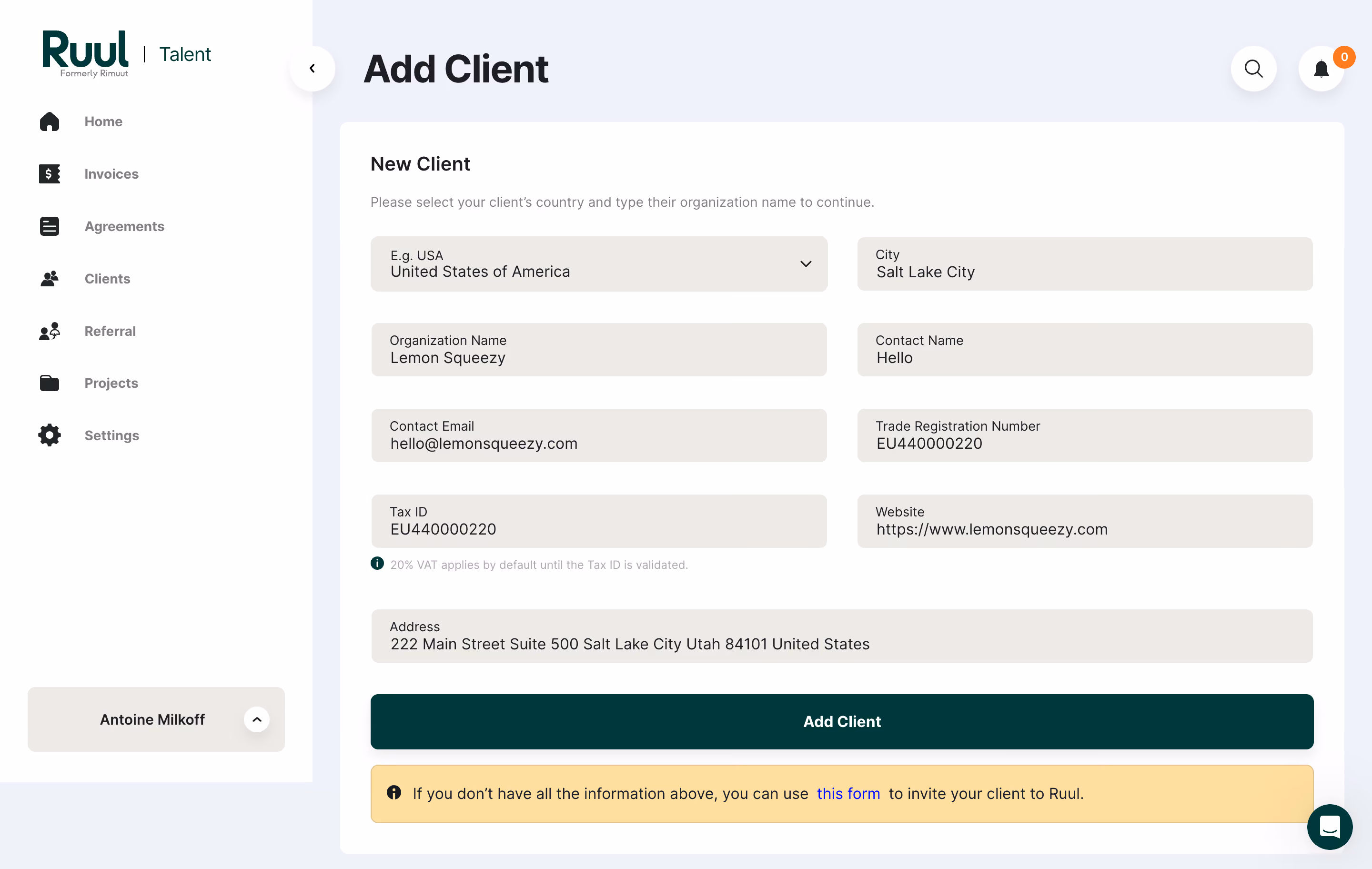 Ruul Add New Client