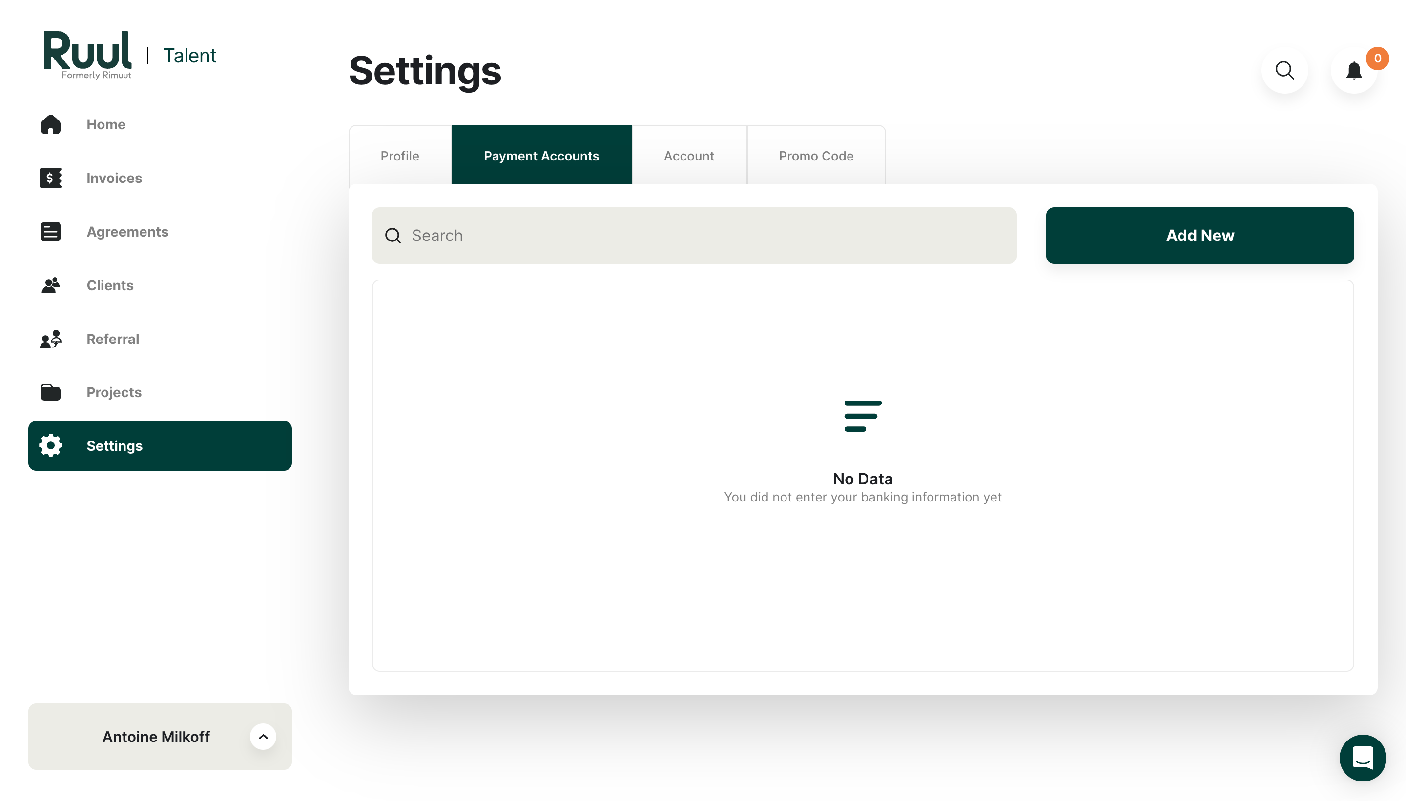 Ruul Add Banking Information