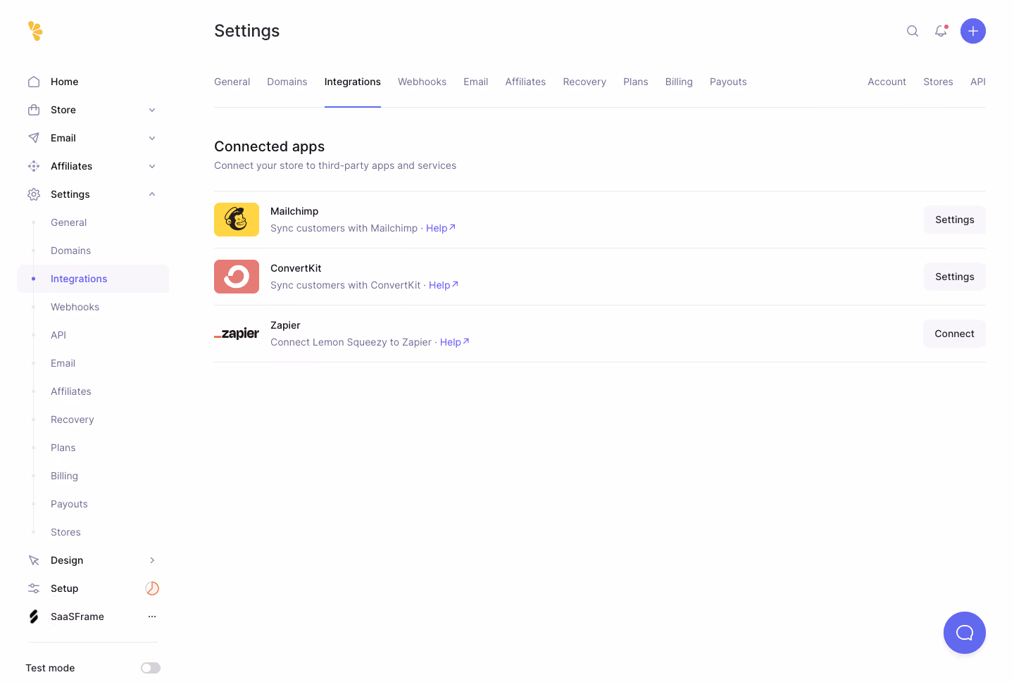 Lemon Squeezy Integrations Settings