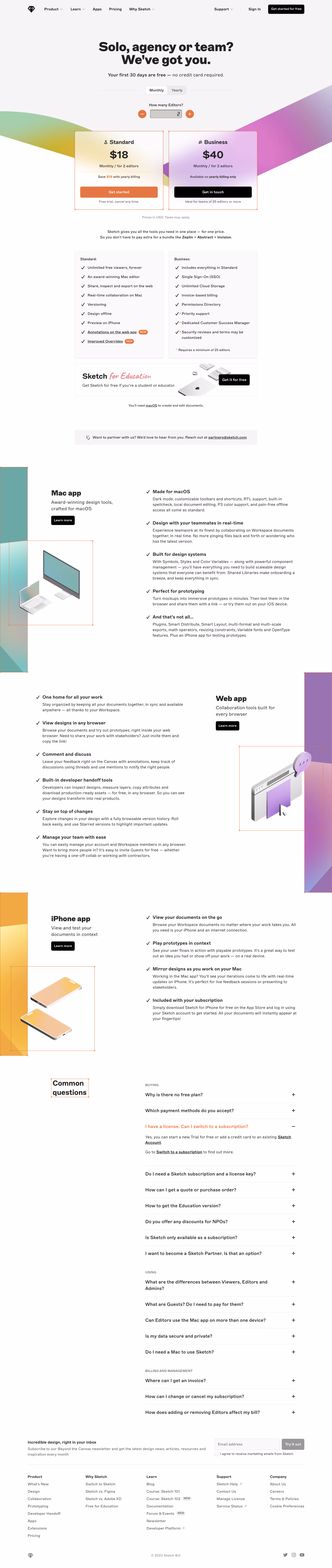 Sketch Pricing Page