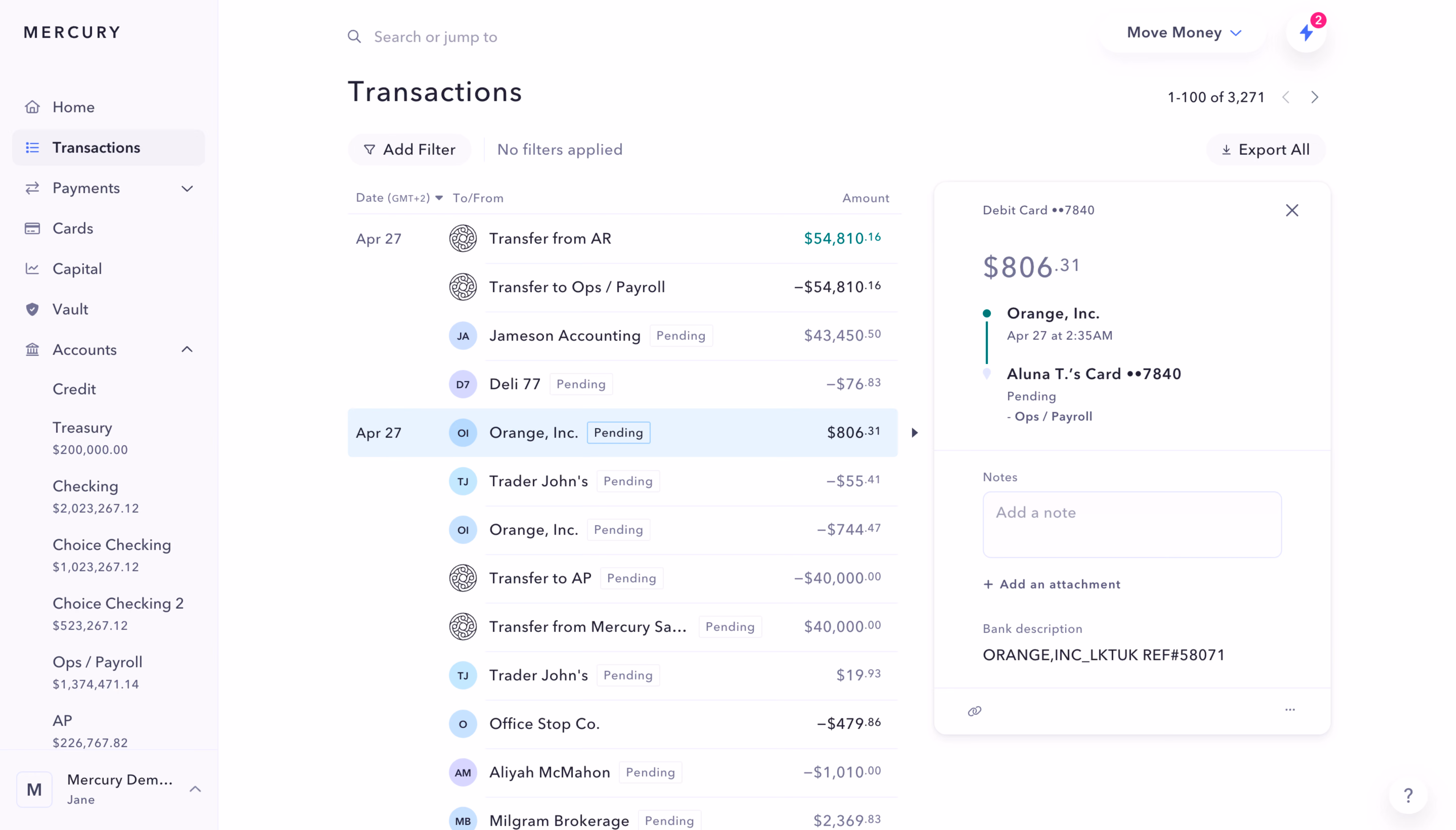 Mercury Transactions Details