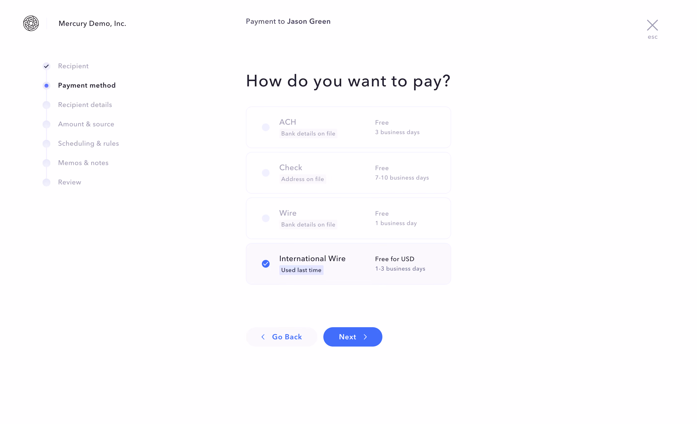 Mercury Transfer Payment Method