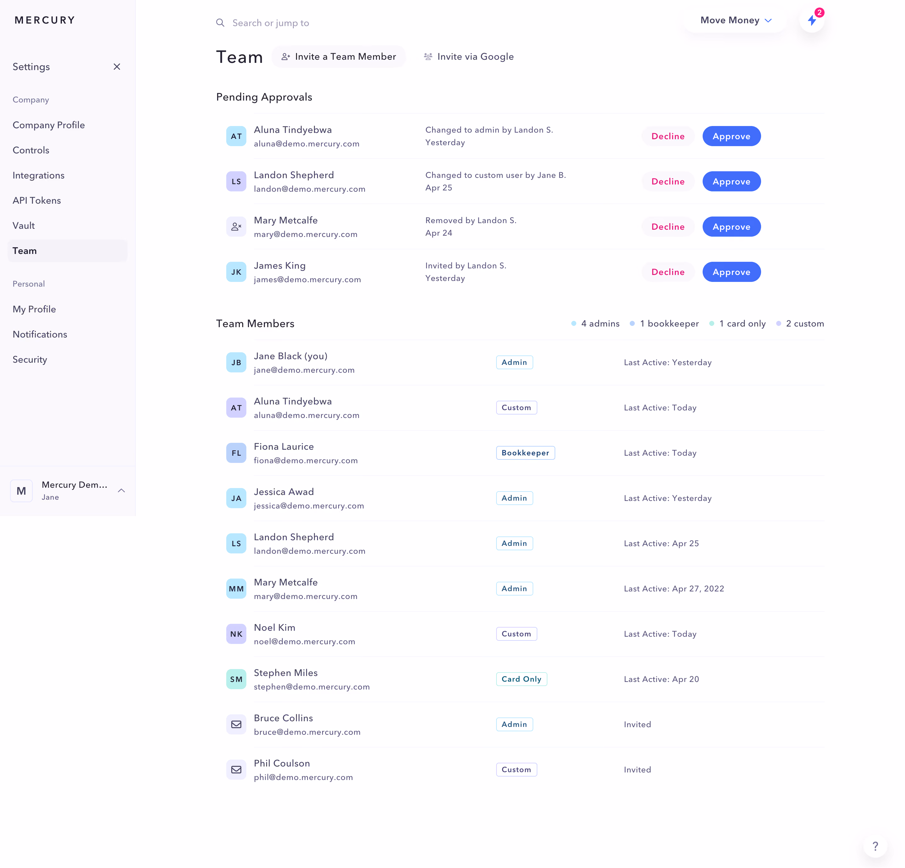 Mercury Team Settings