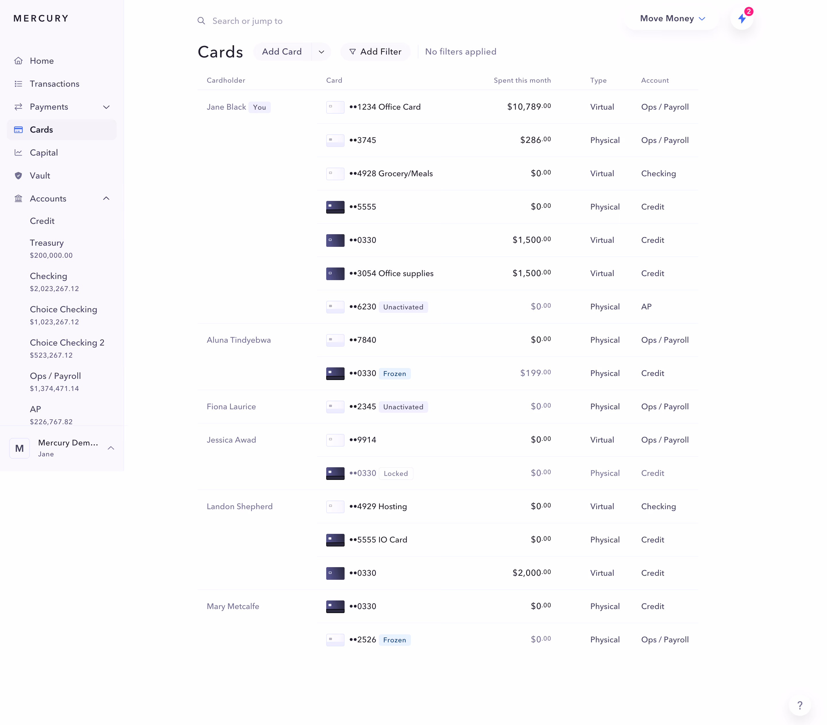 Mercury Cards Dashboard