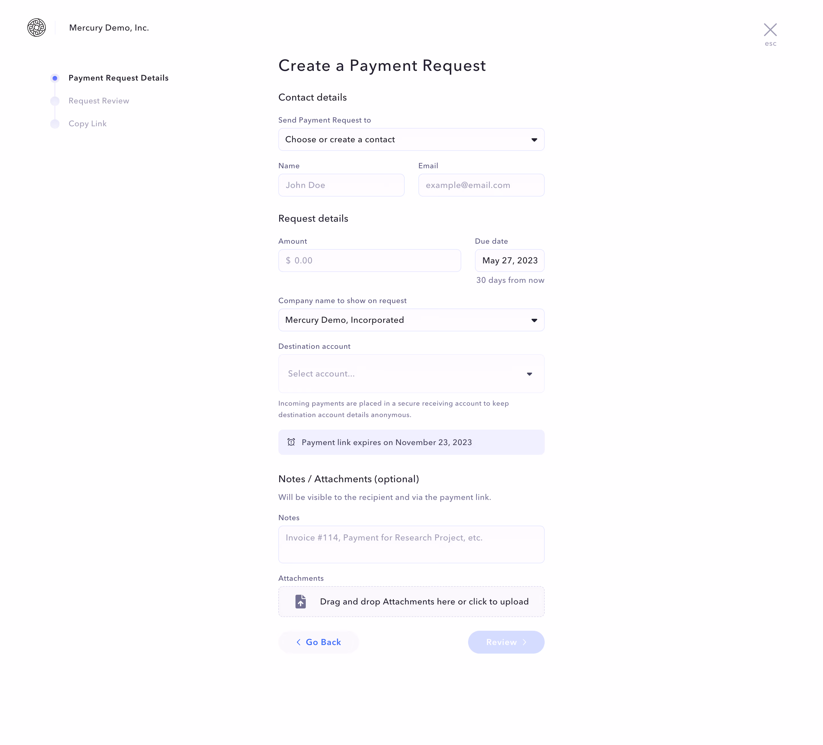 Mercury Create A Payment Request