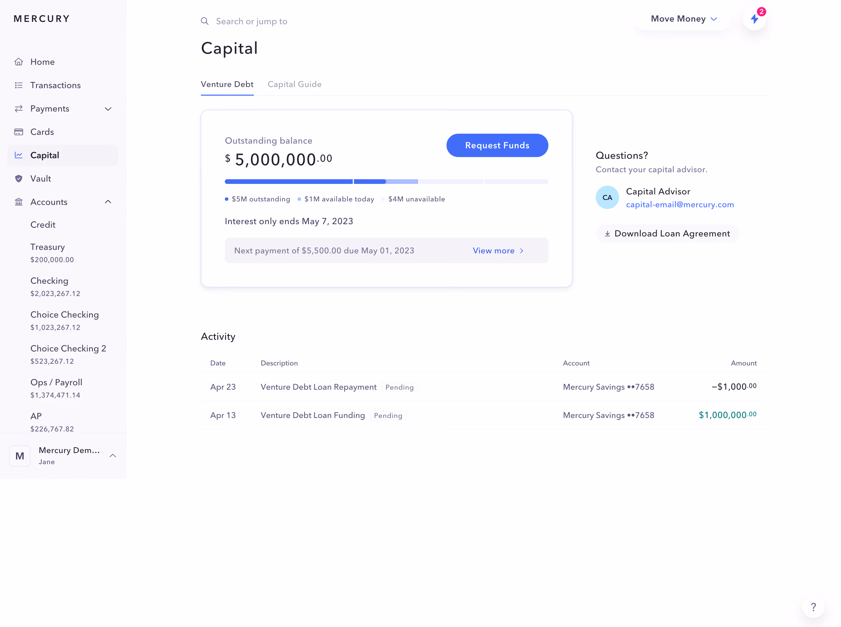 Mercury Capital Dashboard