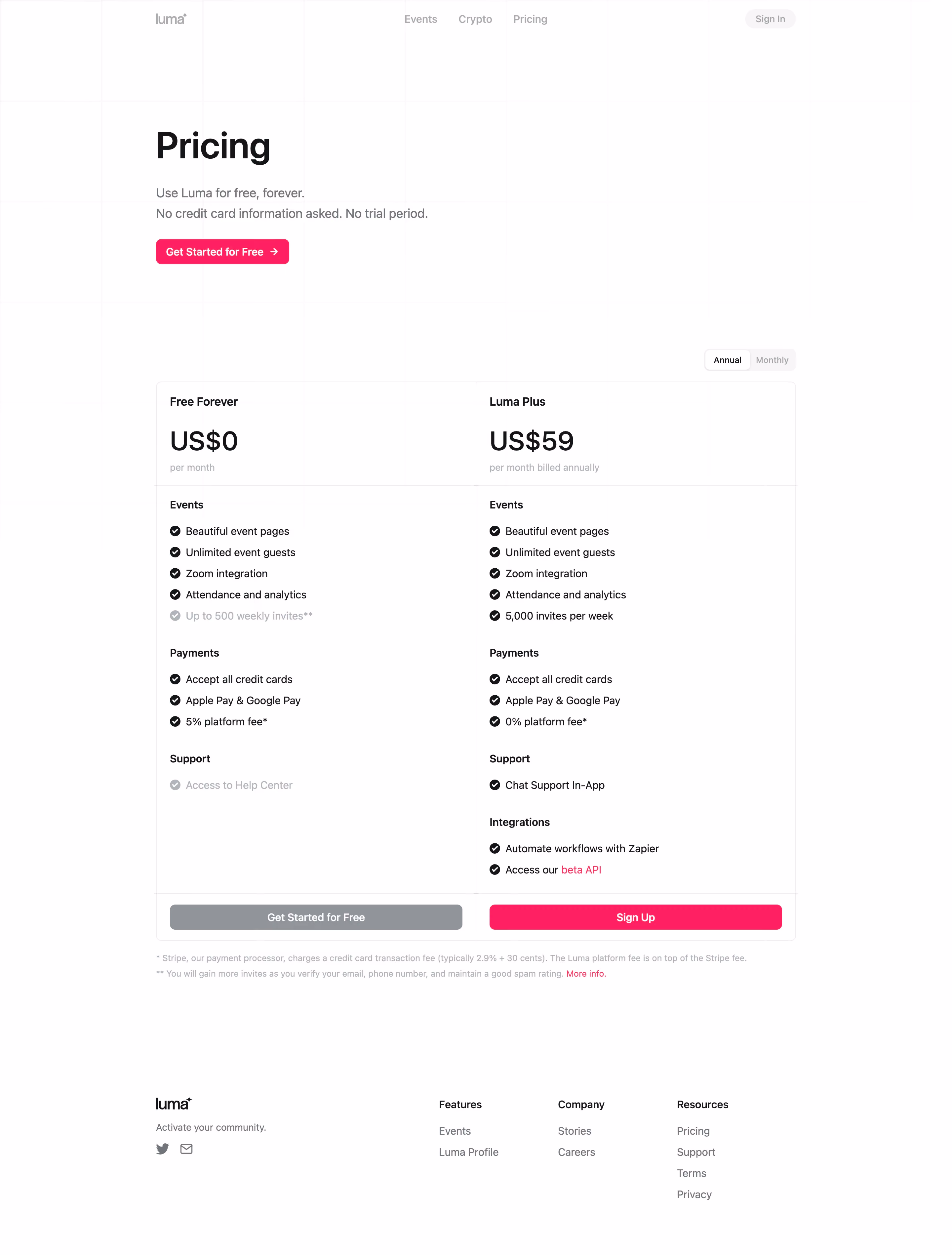 Luma Pricing Page