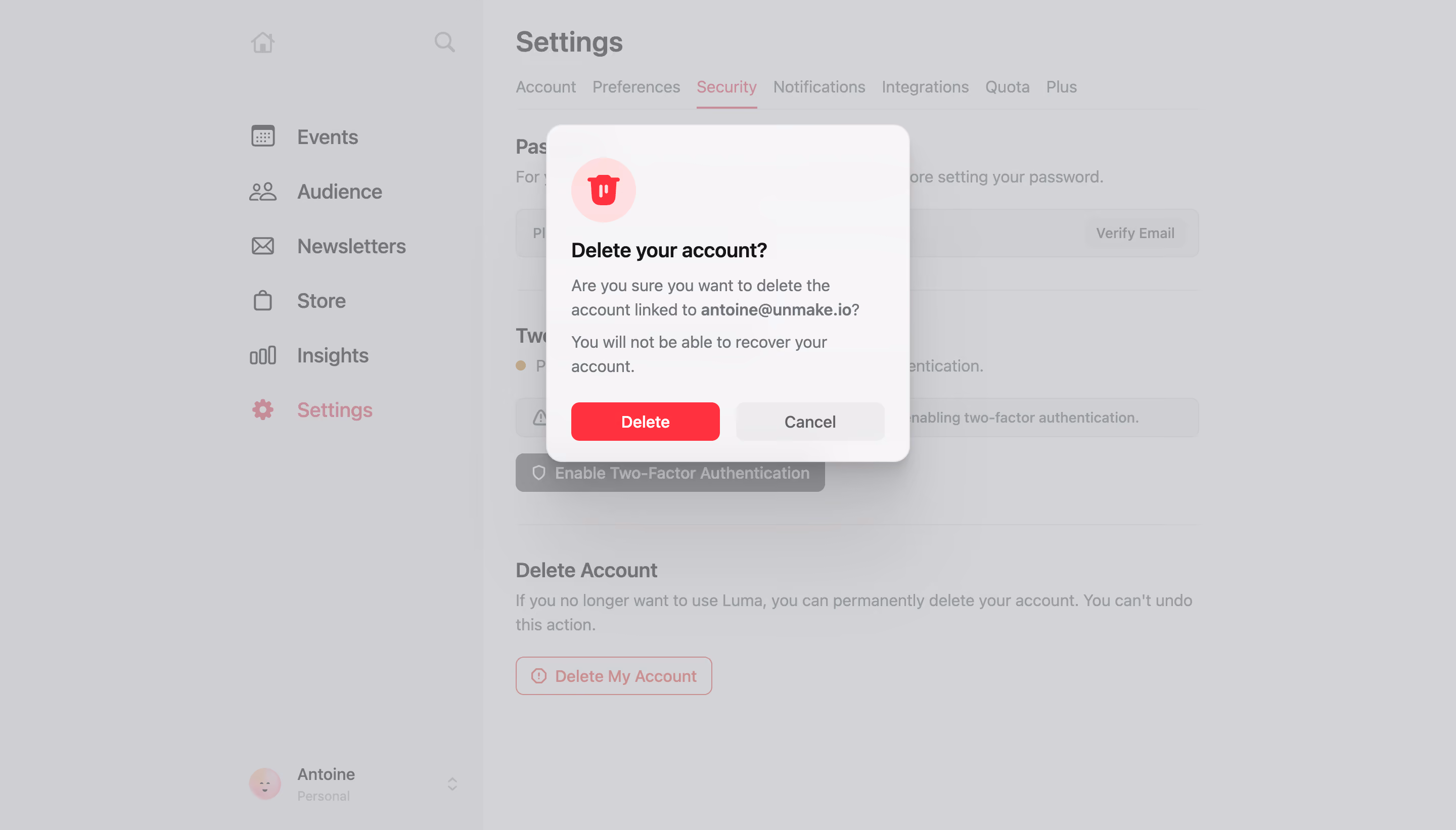 Luma Delete Account