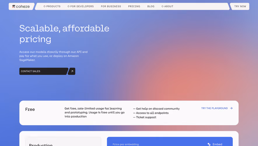 Cohere Pricing Page