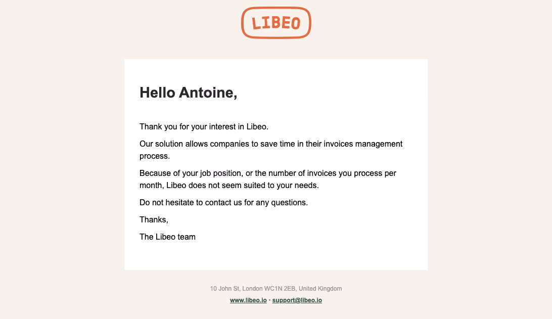 Libeo Signup Denied Email
