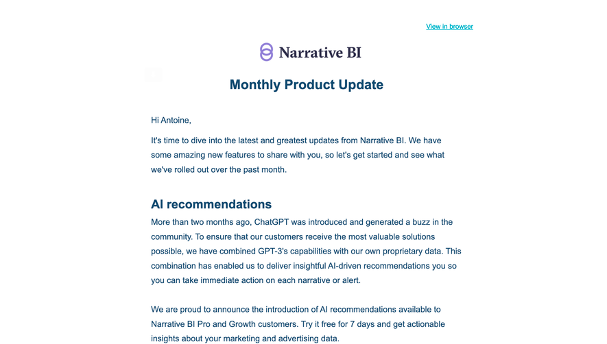 Narrative BI Product Update Emails