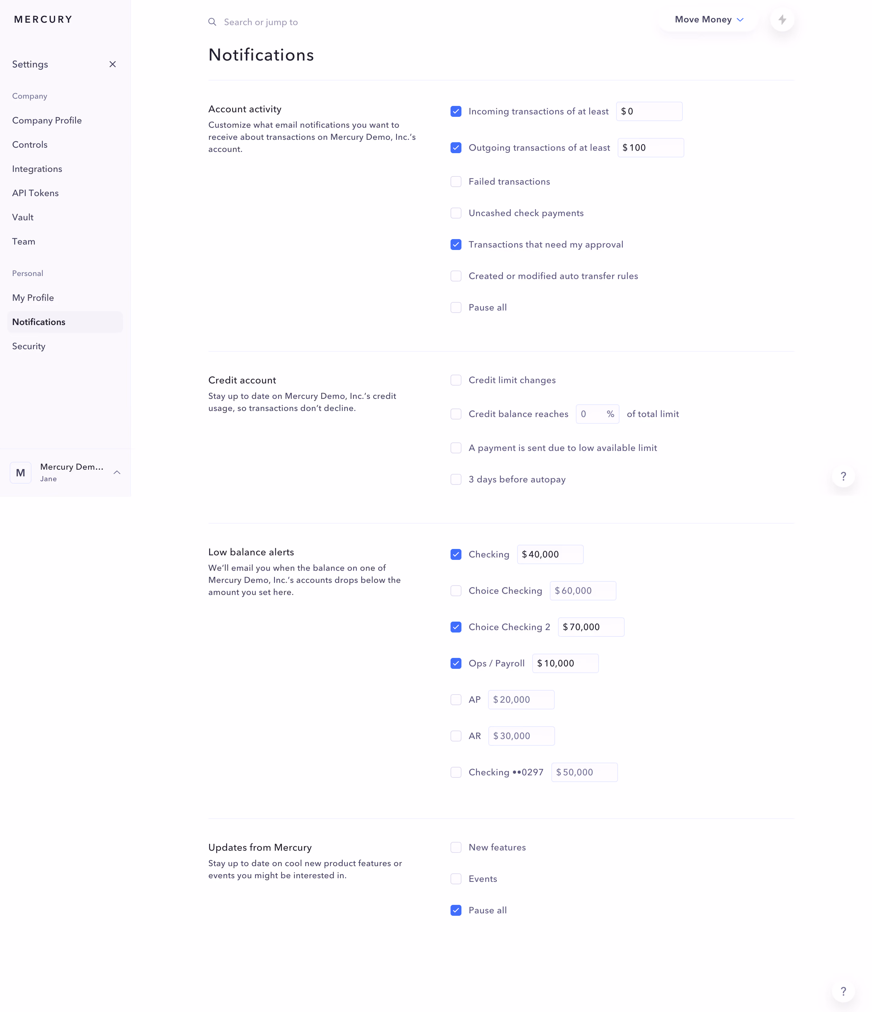 Mercury Notifications Settings