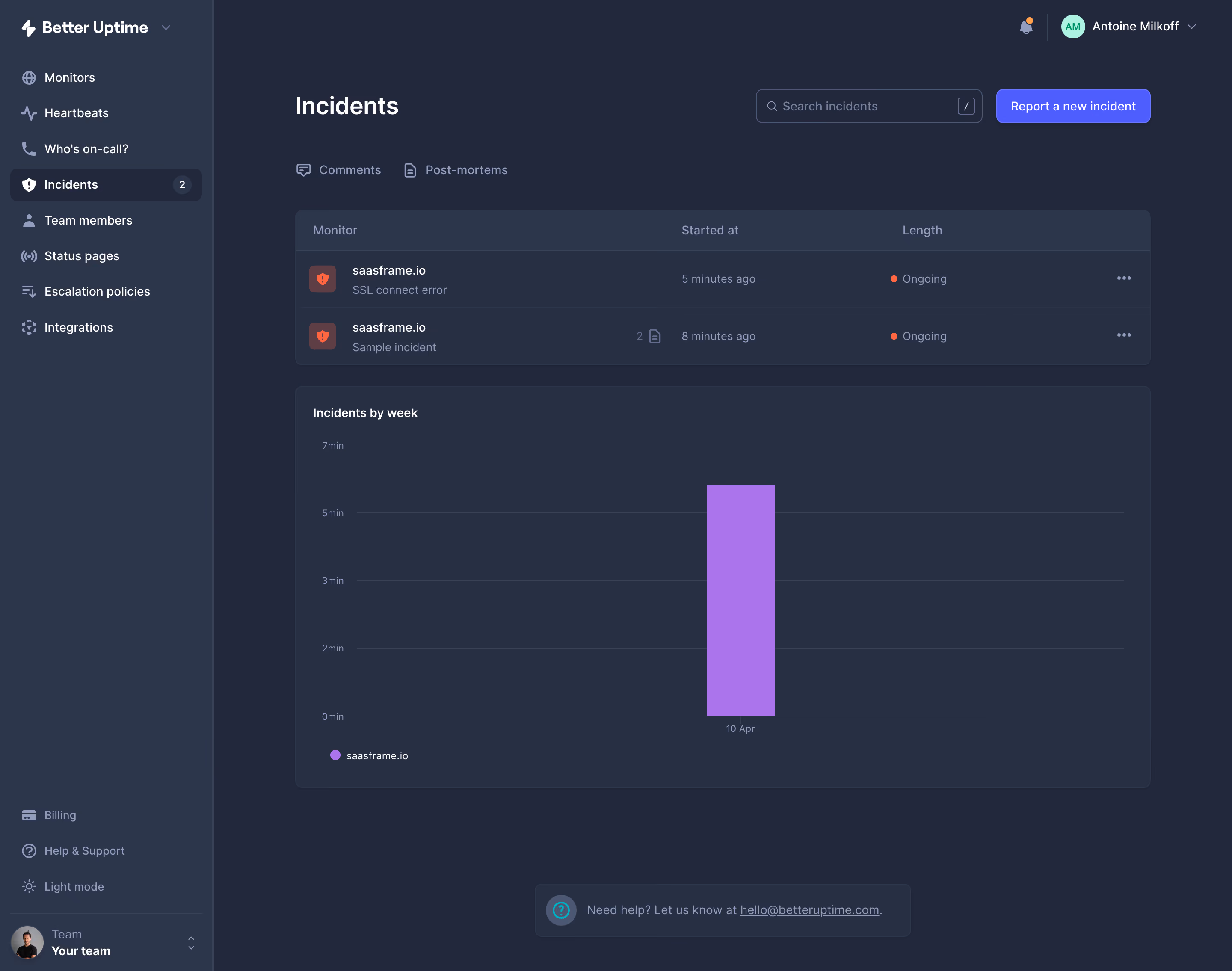 Better Stack etter Uptime  Incidents Dashboard