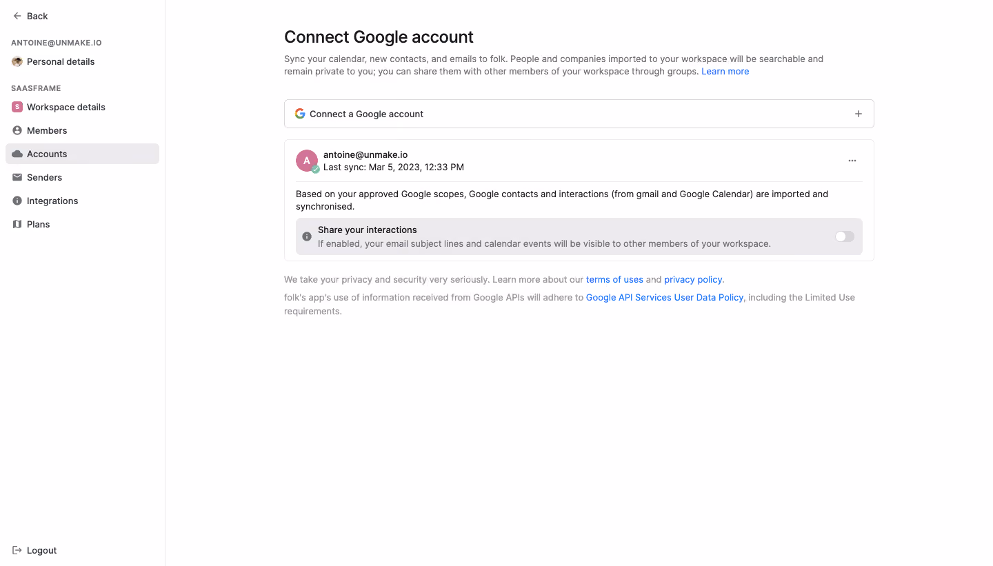 Folk Google Account Connected
