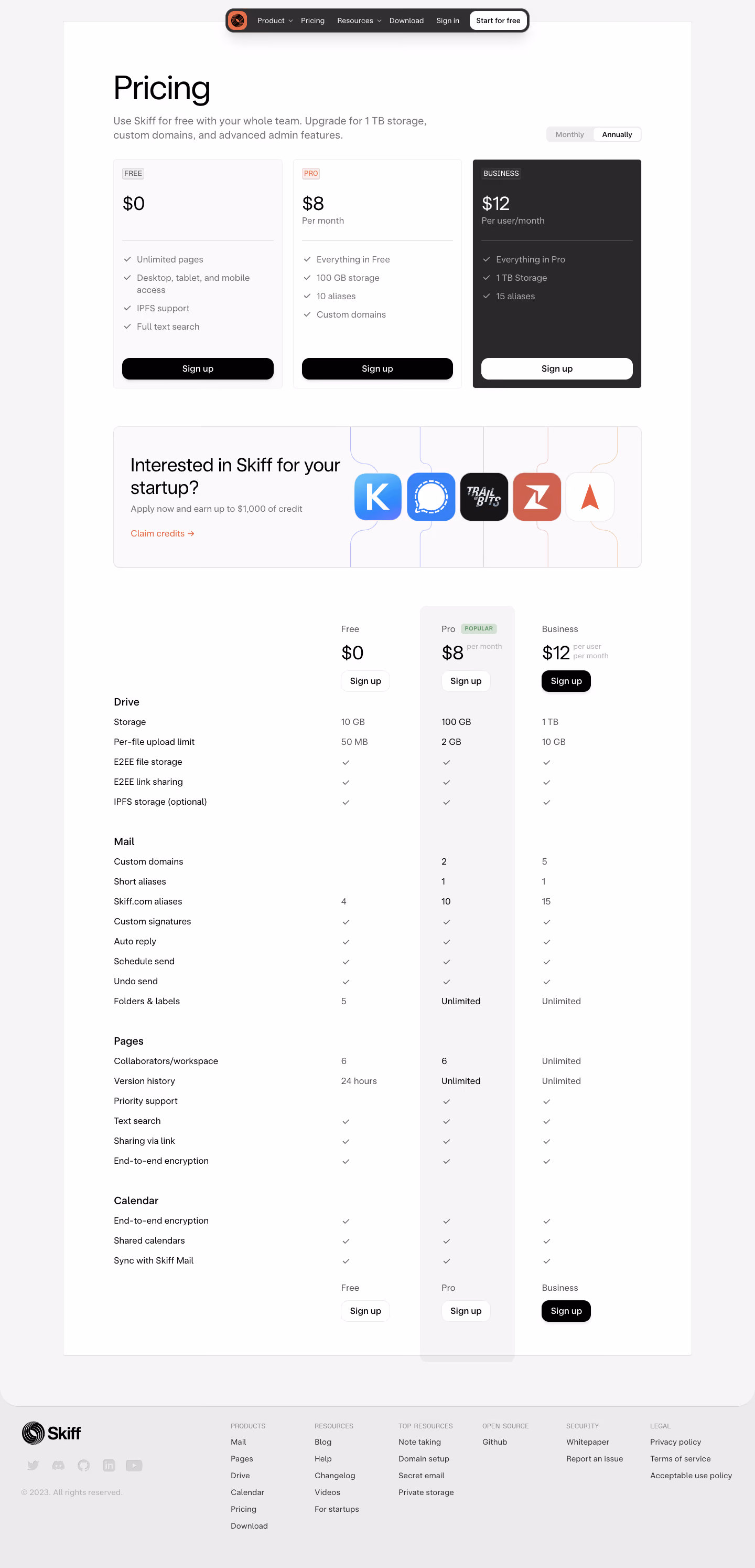 Skiff Pricing Page