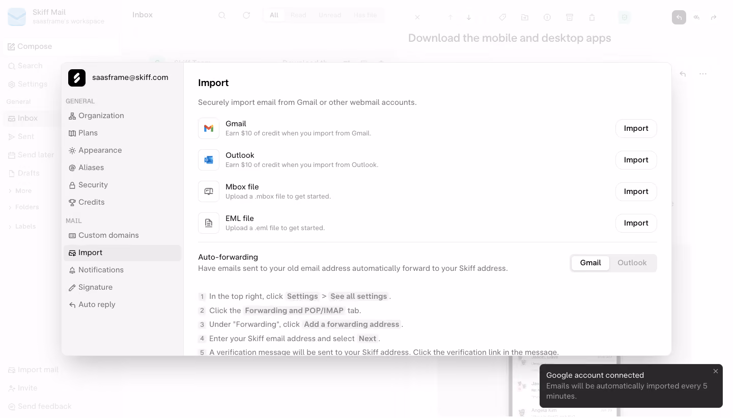 Skiff Emails imported from Gmail
