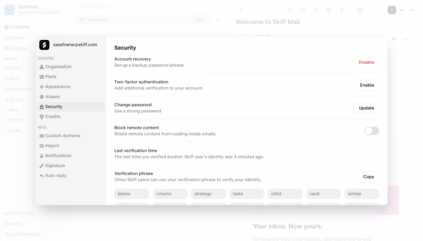 Skiff Security Settings