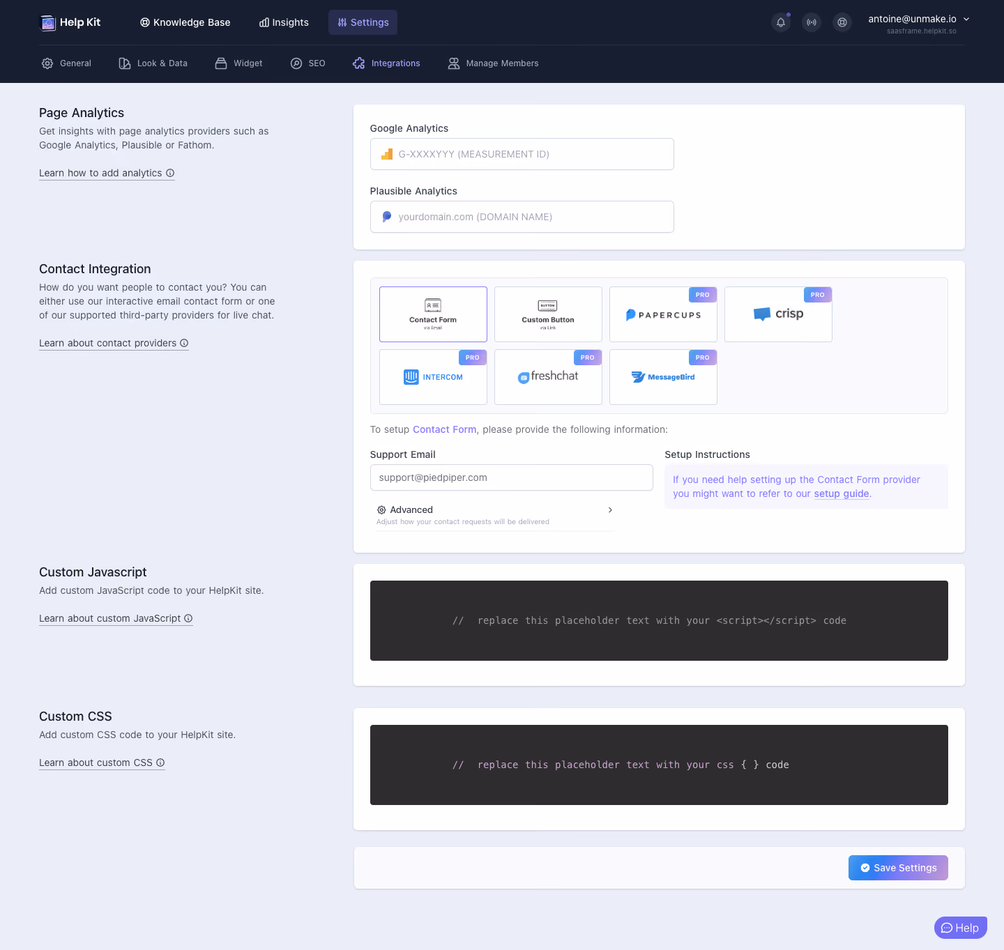 Help Kit Integrations Settings