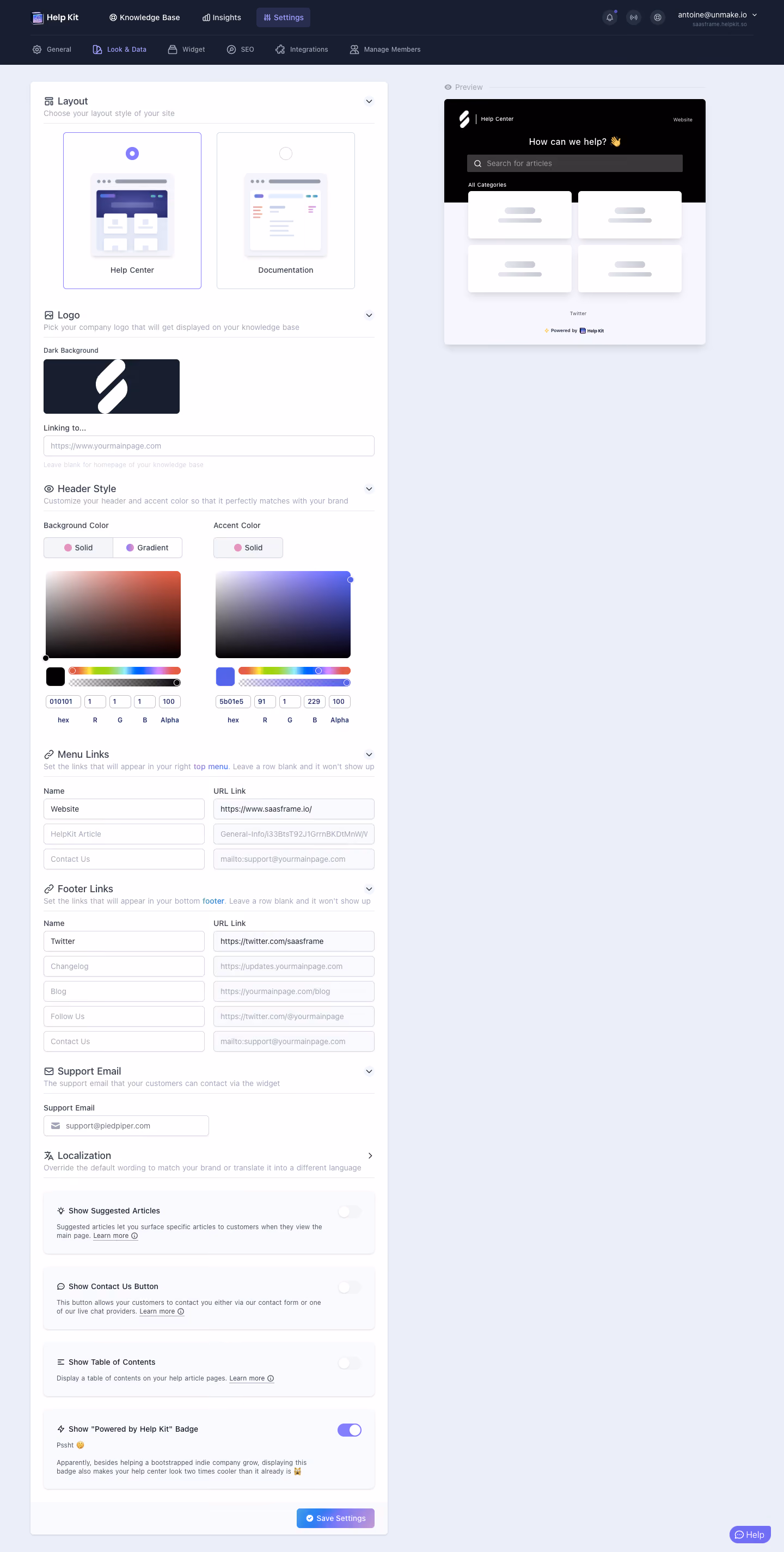 Help Kit Appearance Settings