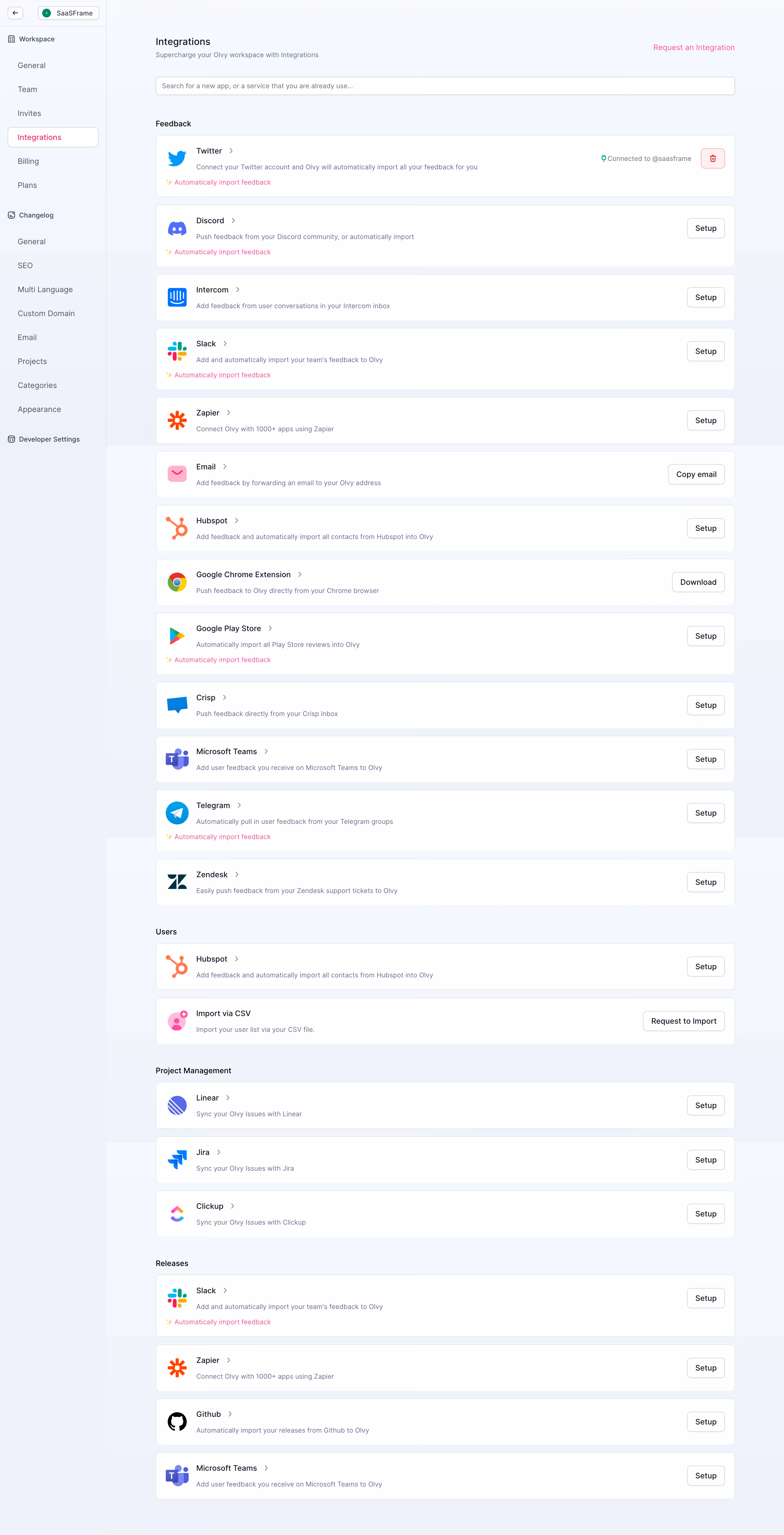 Olvy Integrations Settings