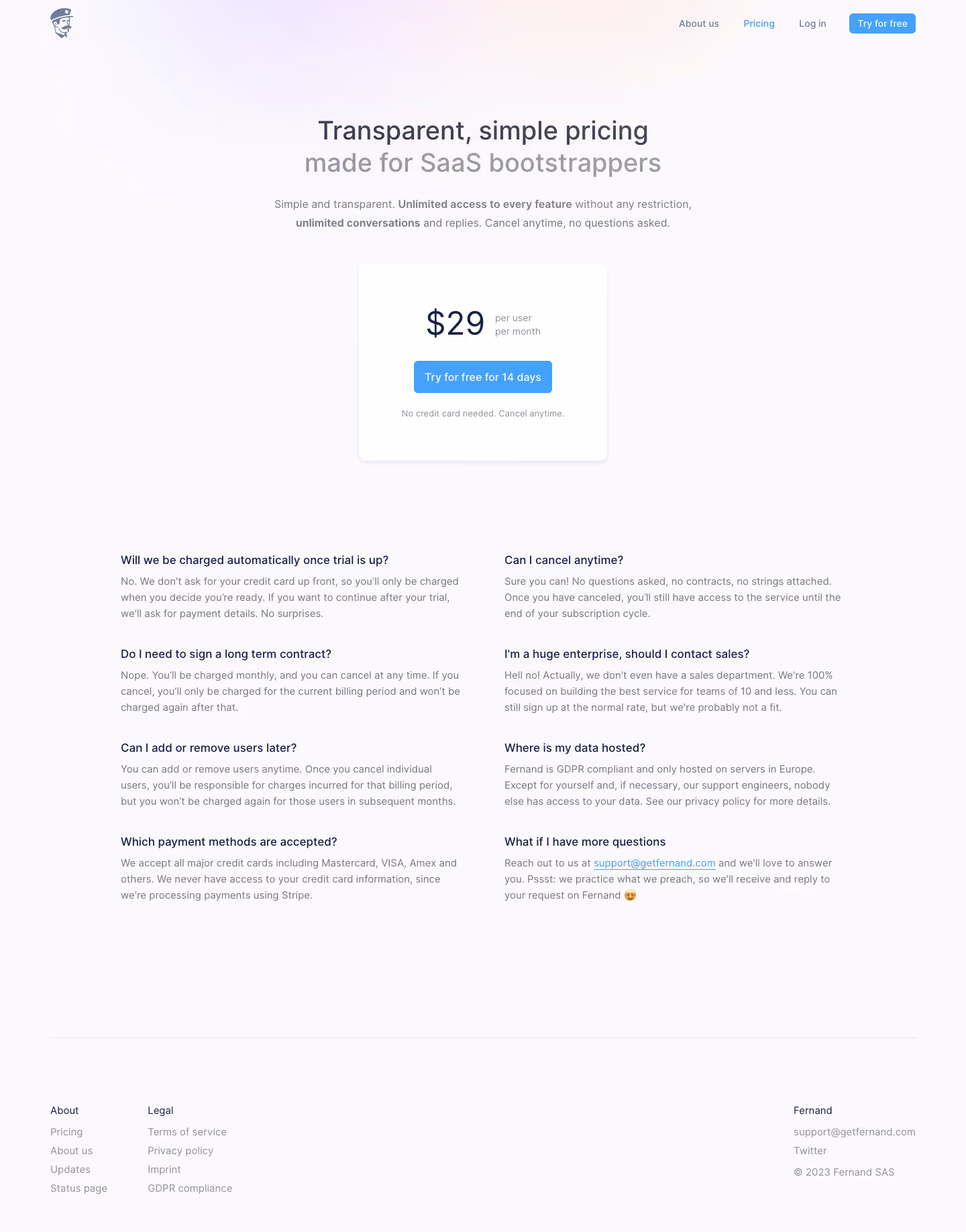 Fernand Pricing Page
