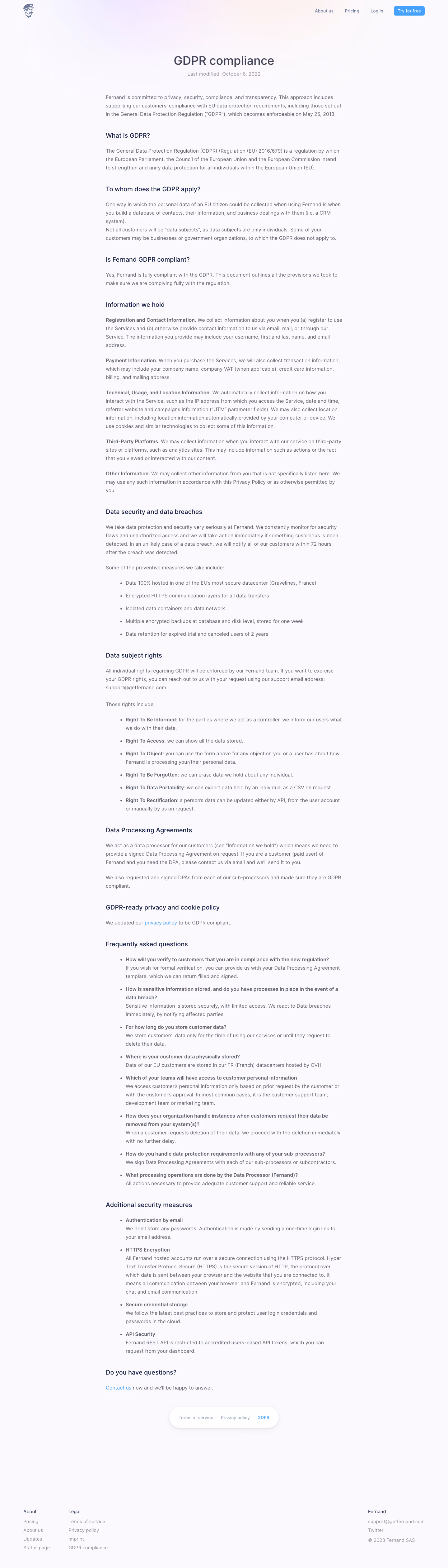 Fernand GDPR Compliance Page