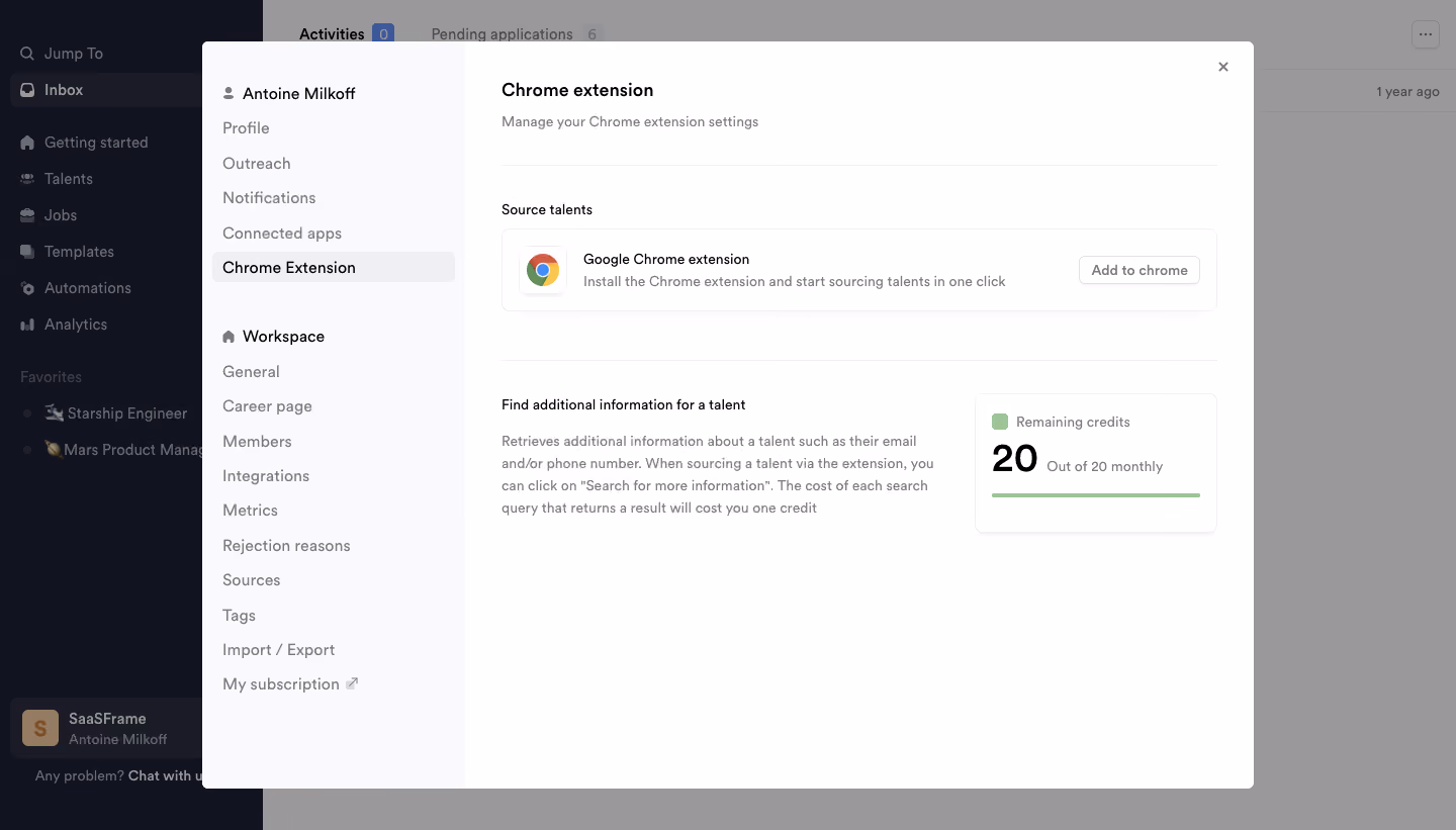Crew Chrome extension settings