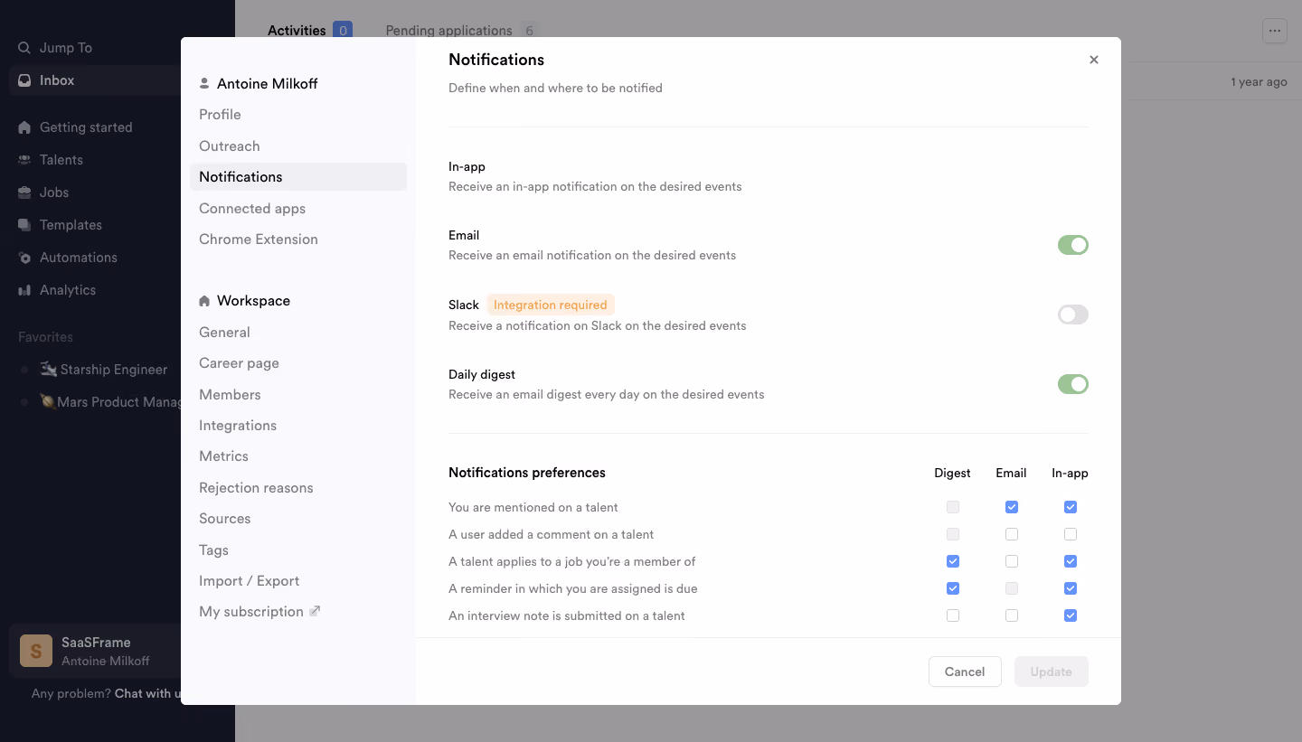 Crew Notifications settings