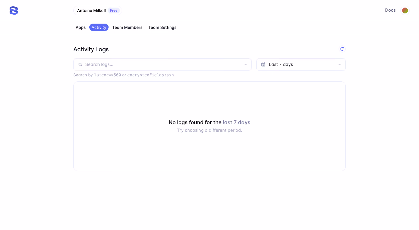 Evervault Empty activity log