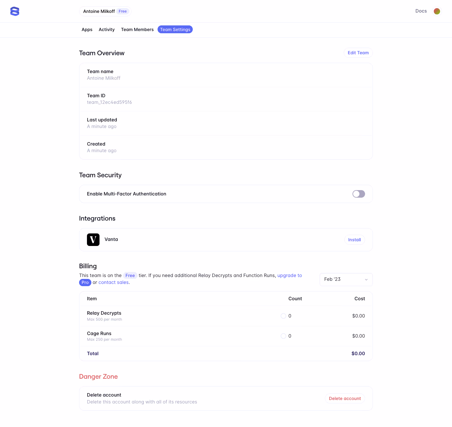 Evervault Team settings