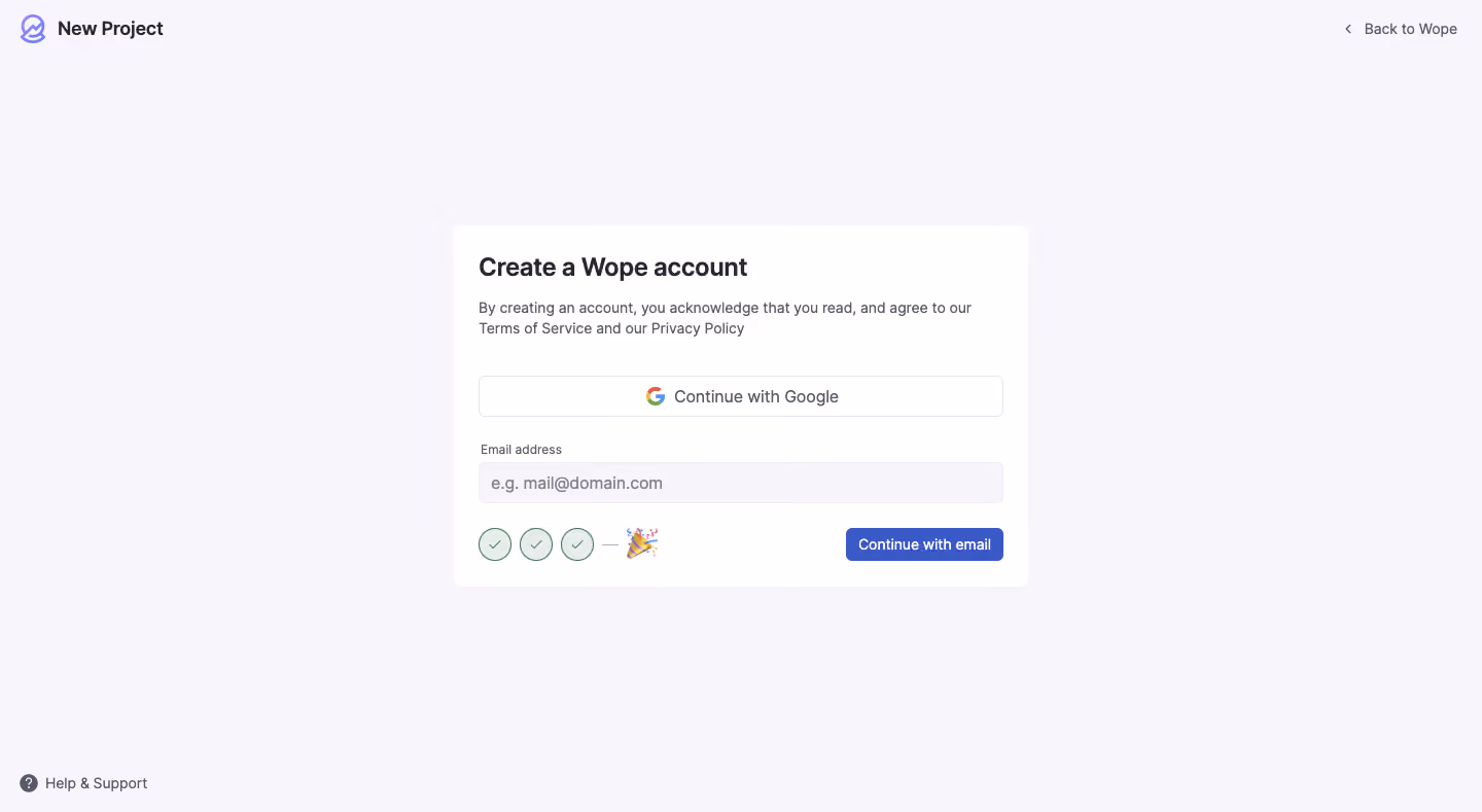 Wope Create account