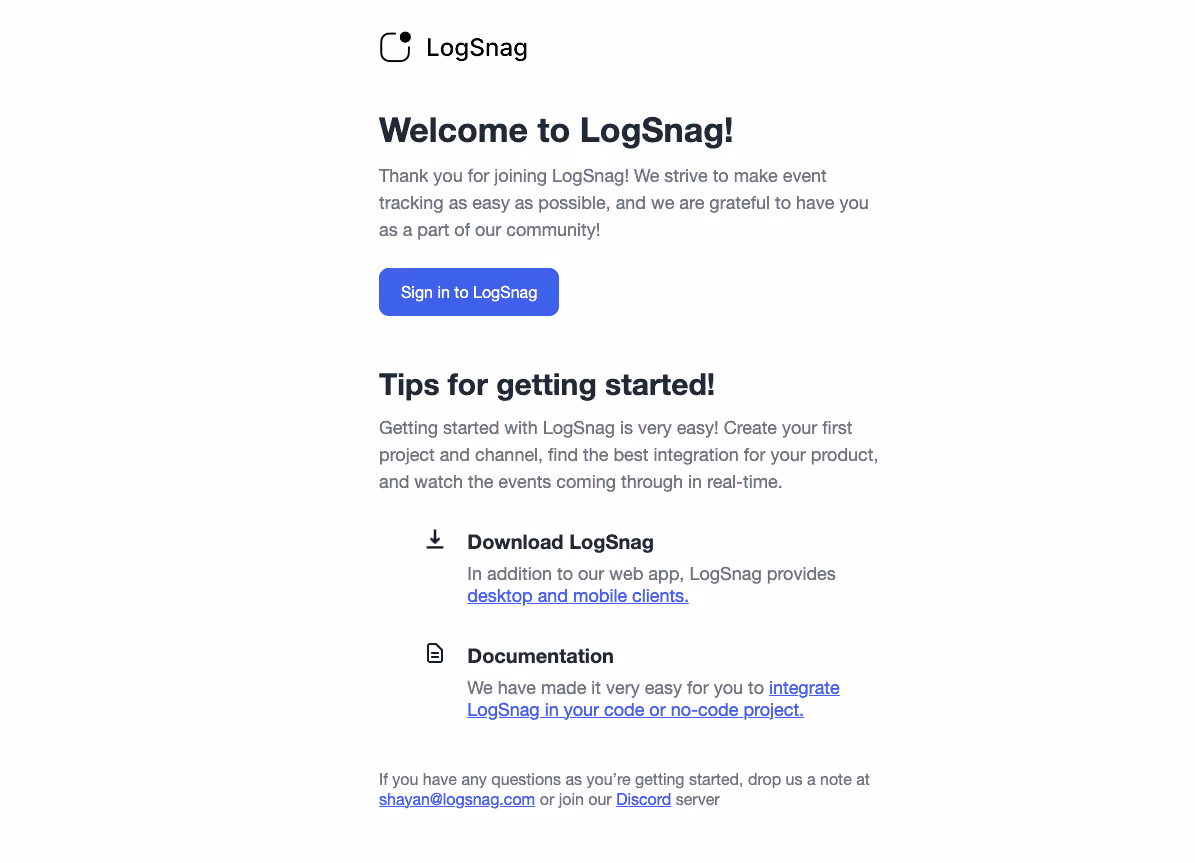 Logsnag Welcome Email