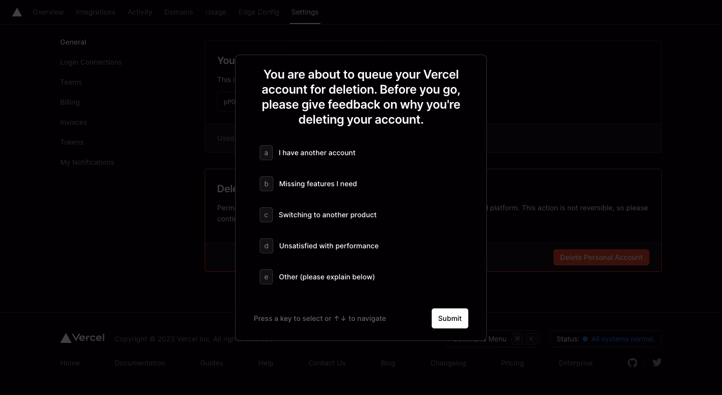 Vercel Delete Account