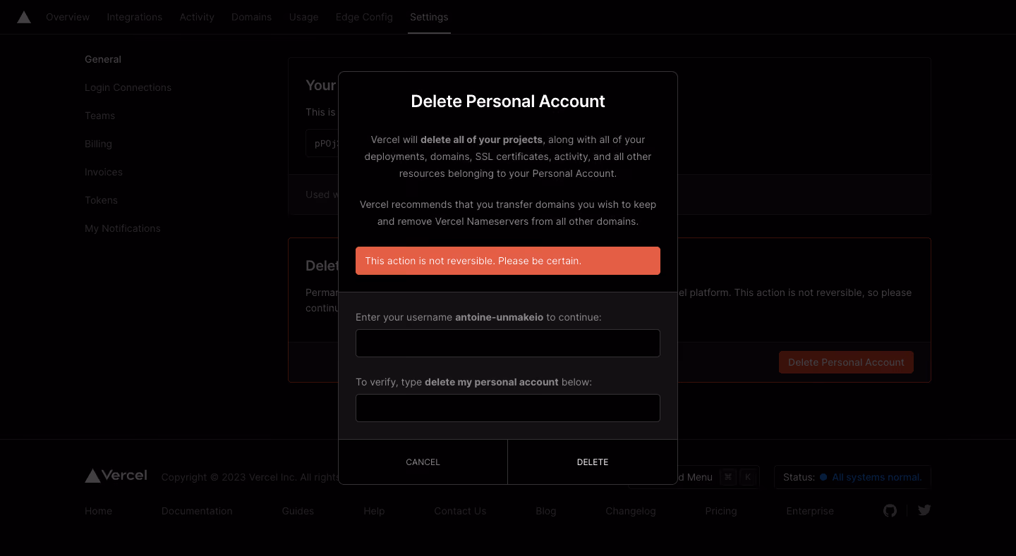Vercel Delete Account
