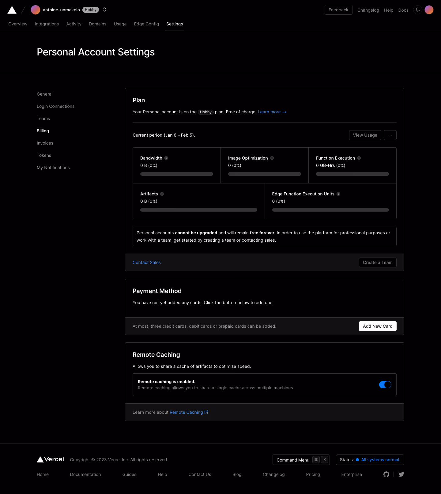 Vercel Billing settings