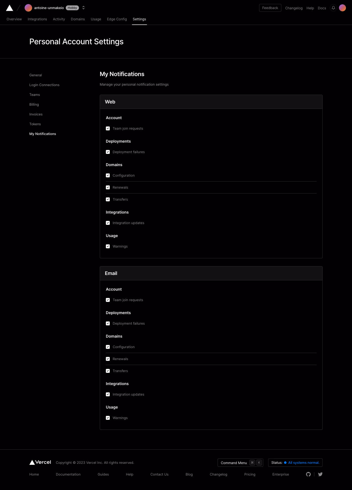 Vercel Notifications settings