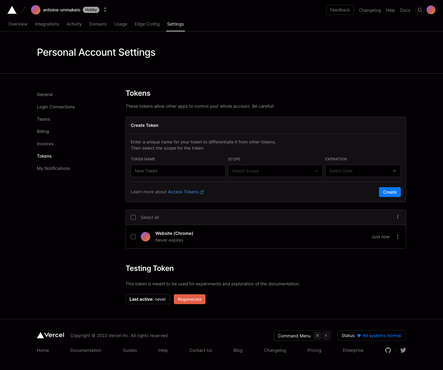 Vercel Tokens settings